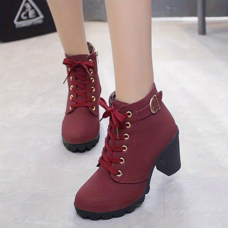 womens block heeled short boots casual lace up side zipper boots comfortable ankle boots details 2