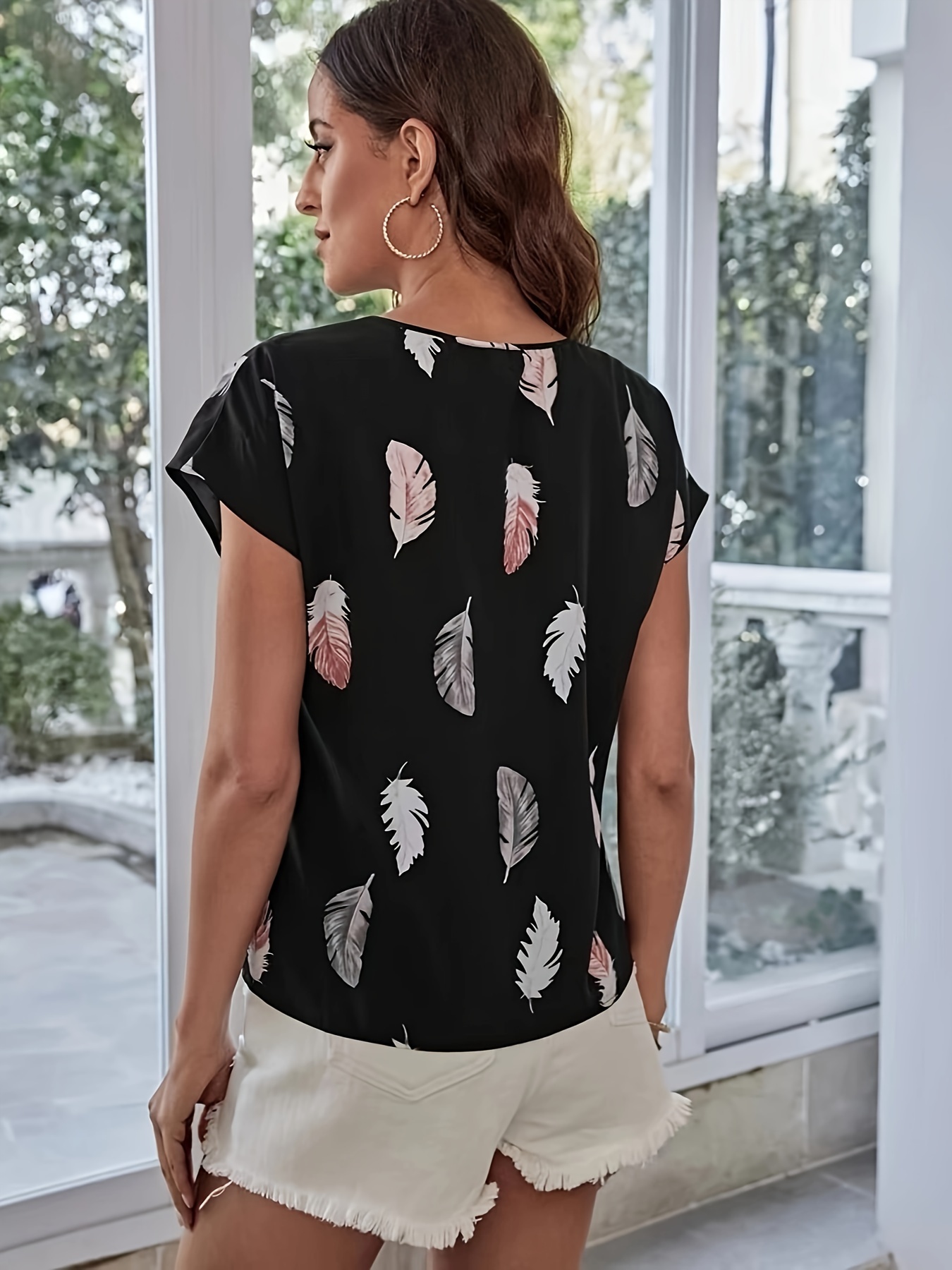abstract print crew neck blouse elegant short sleeve cut out blouse womens clothing details 1