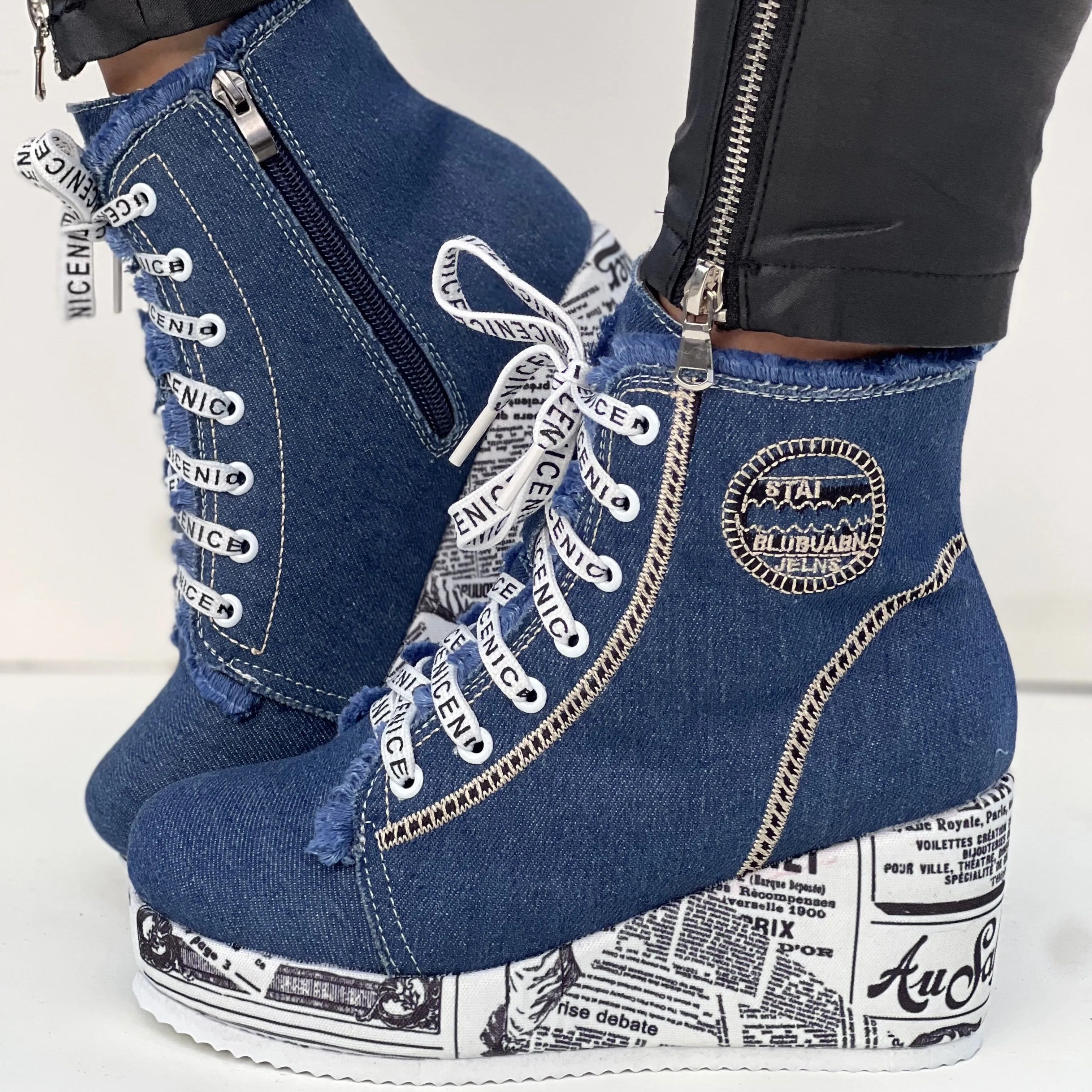 womens solid color denim boots side zipper comfy platform ankle shoes versatile round toe wedge boots details 4