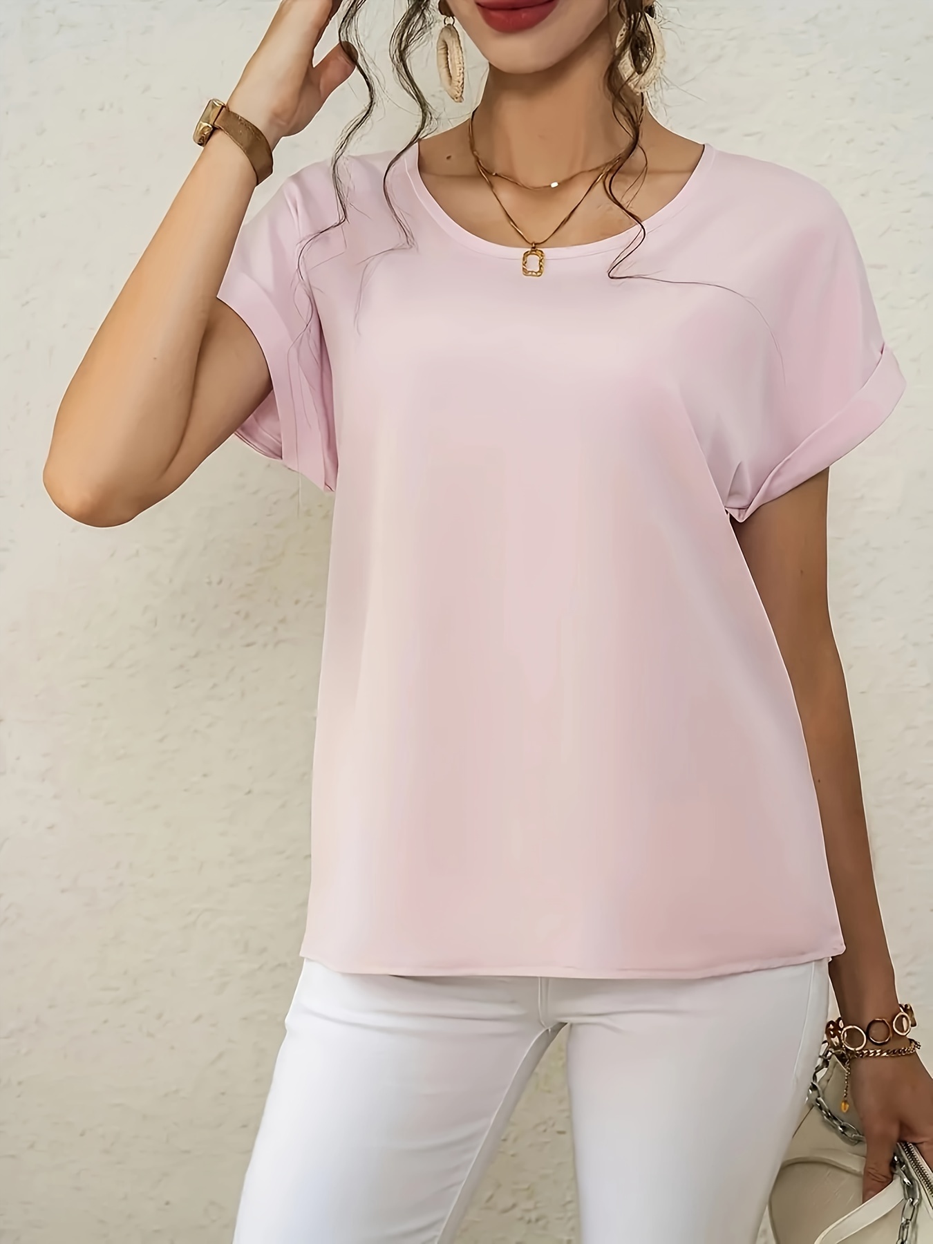 simple rolled short sleeve blouse casual crew neck solid blouse womens clothing details 3