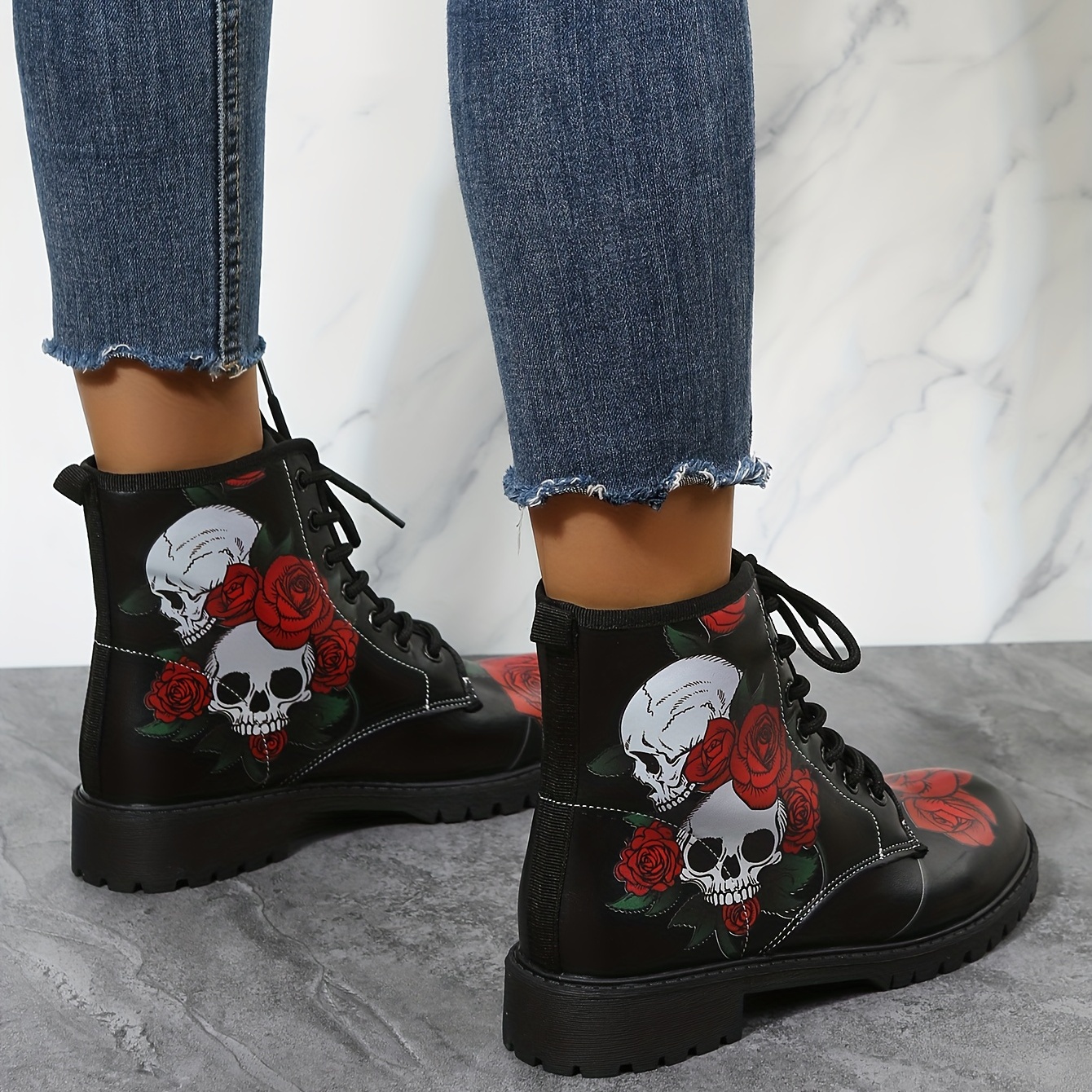 womens rose skull print short boots comfortable closed toe lace up ankle boots womens fashion halloween shoes details 5