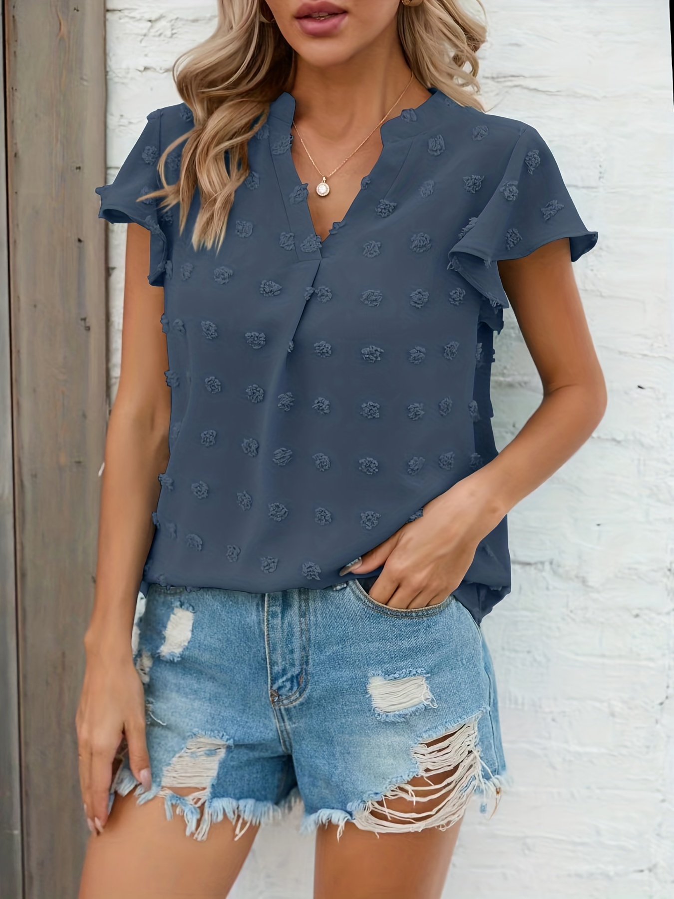 swiss dot v neck blouse casual ruffle sleeve blouse for spring summer womens clothing details 8