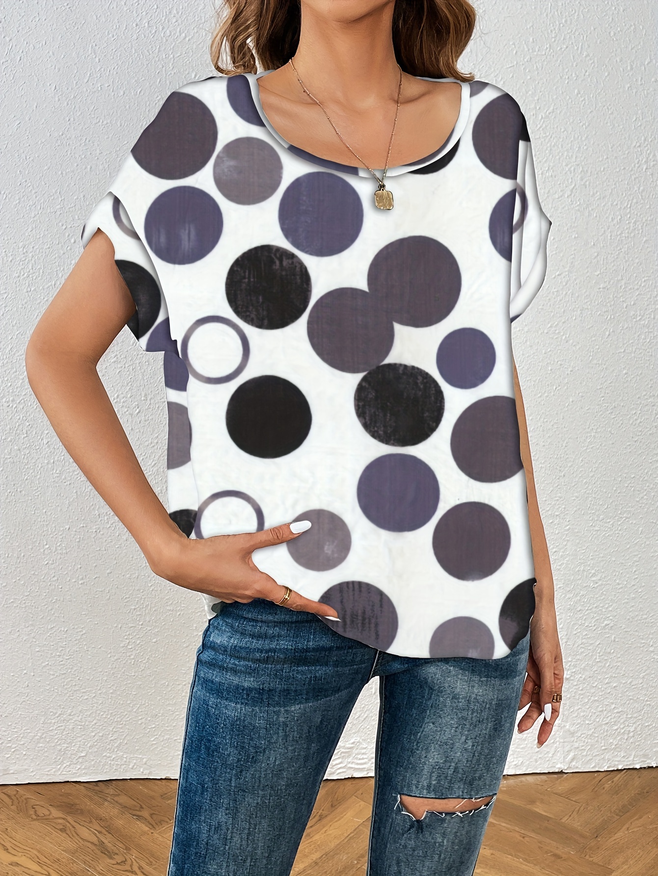 polka dot crew neck blouse casual short sleeve summer comfy blouse womens clothing details 2