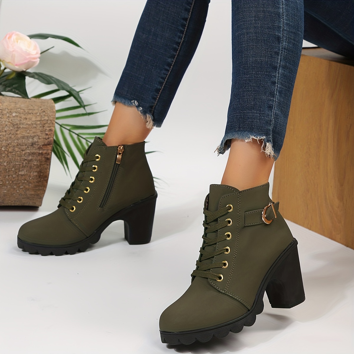womens solid color block heeled boots elegant lace up short boots stylish side zipper ankle boots details 8