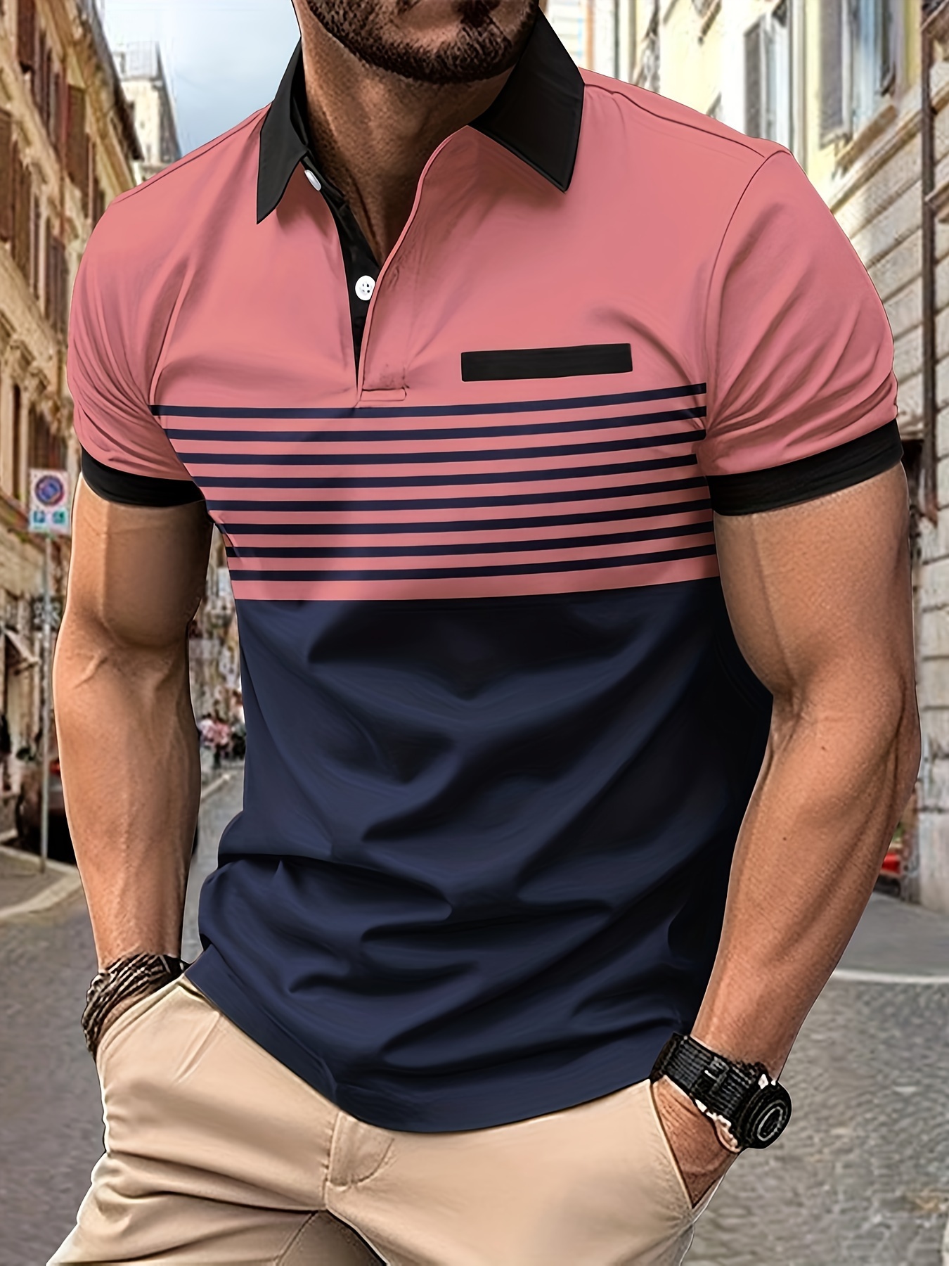 lapel shirt, striped mens casual color block short sleeve lapel shirt with chest pocket for summer golf details 8