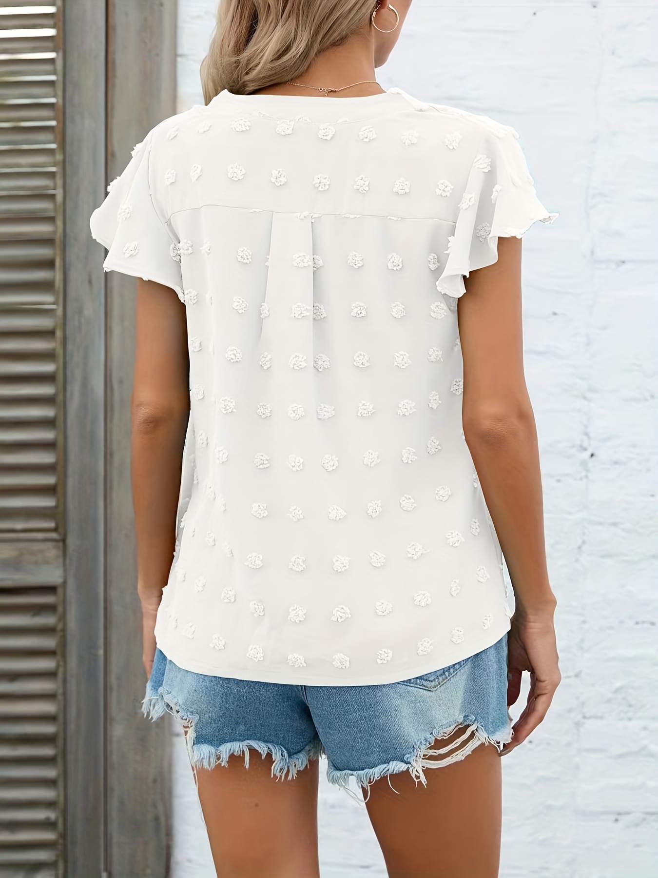 swiss dot v neck blouse casual ruffle sleeve blouse for spring summer womens clothing details 36