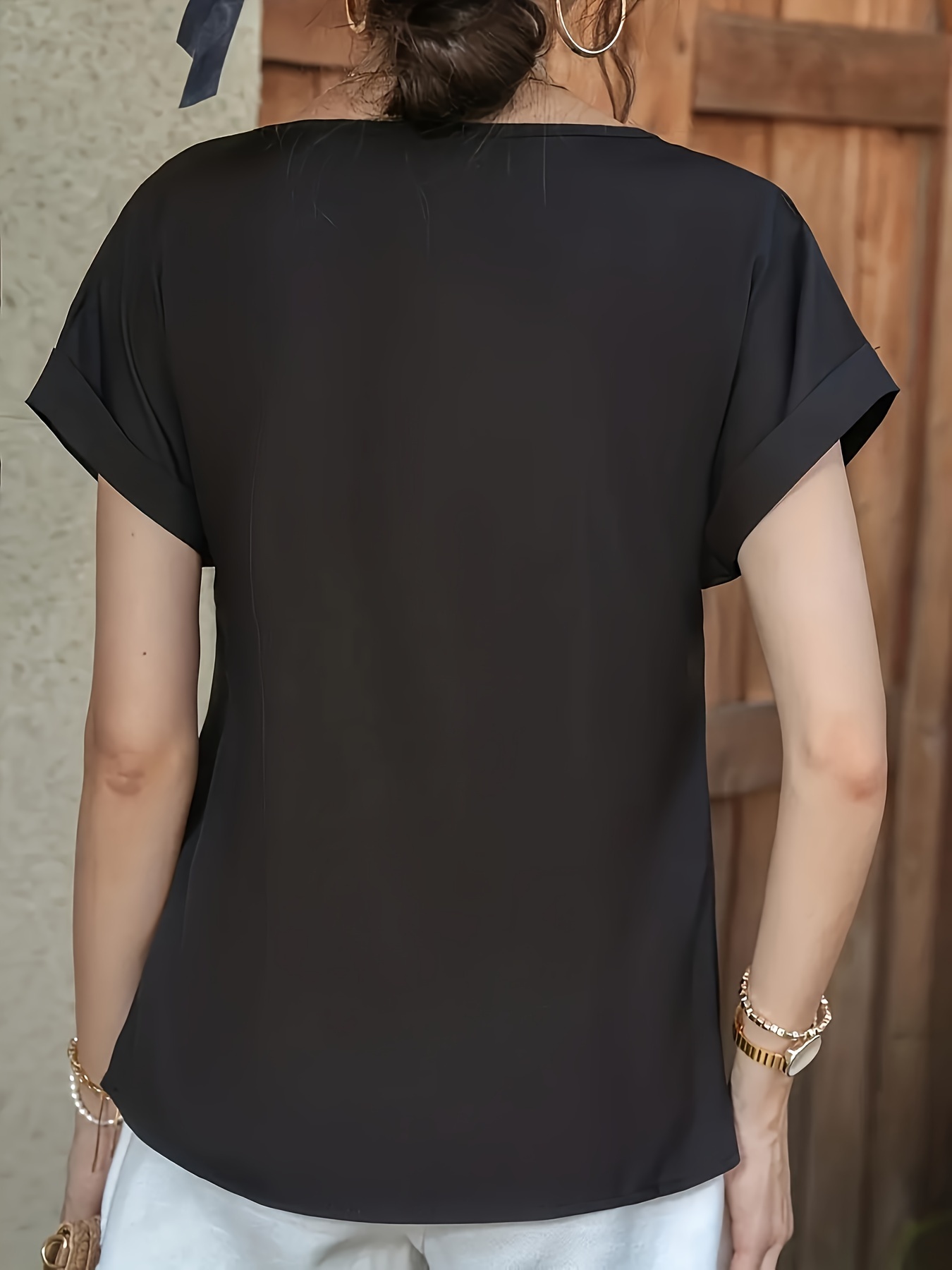 simple rolled short sleeve blouse casual crew neck solid blouse womens clothing details 11