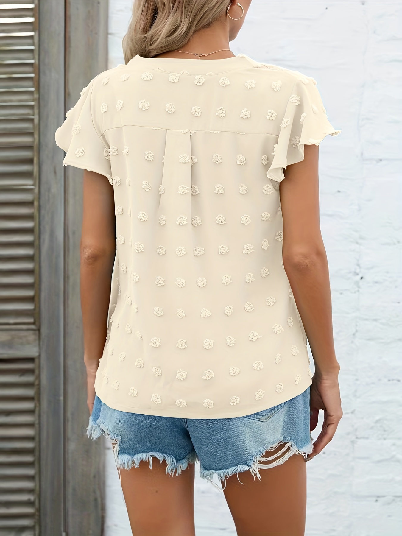 swiss dot v neck blouse casual ruffle sleeve blouse for spring summer womens clothing details 11