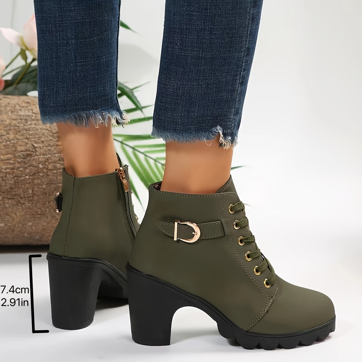 womens chunky heel short boots fashion lace up side zipper boots comfortable ankle boots details 8
