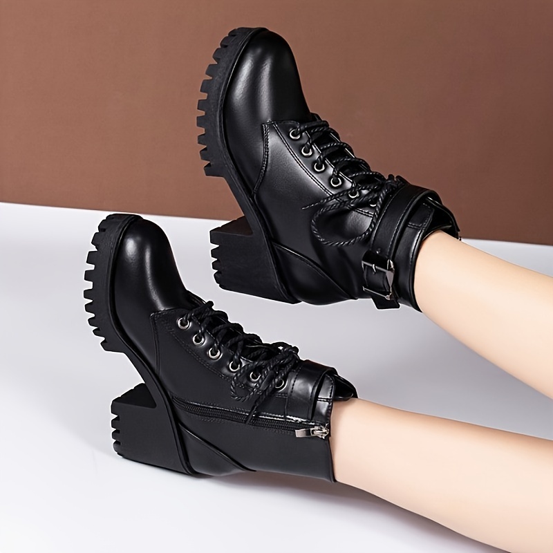 womens solid color platform boots side zipper chunky heel soft sole ankle boots winter buckle belt lace up boots details 2