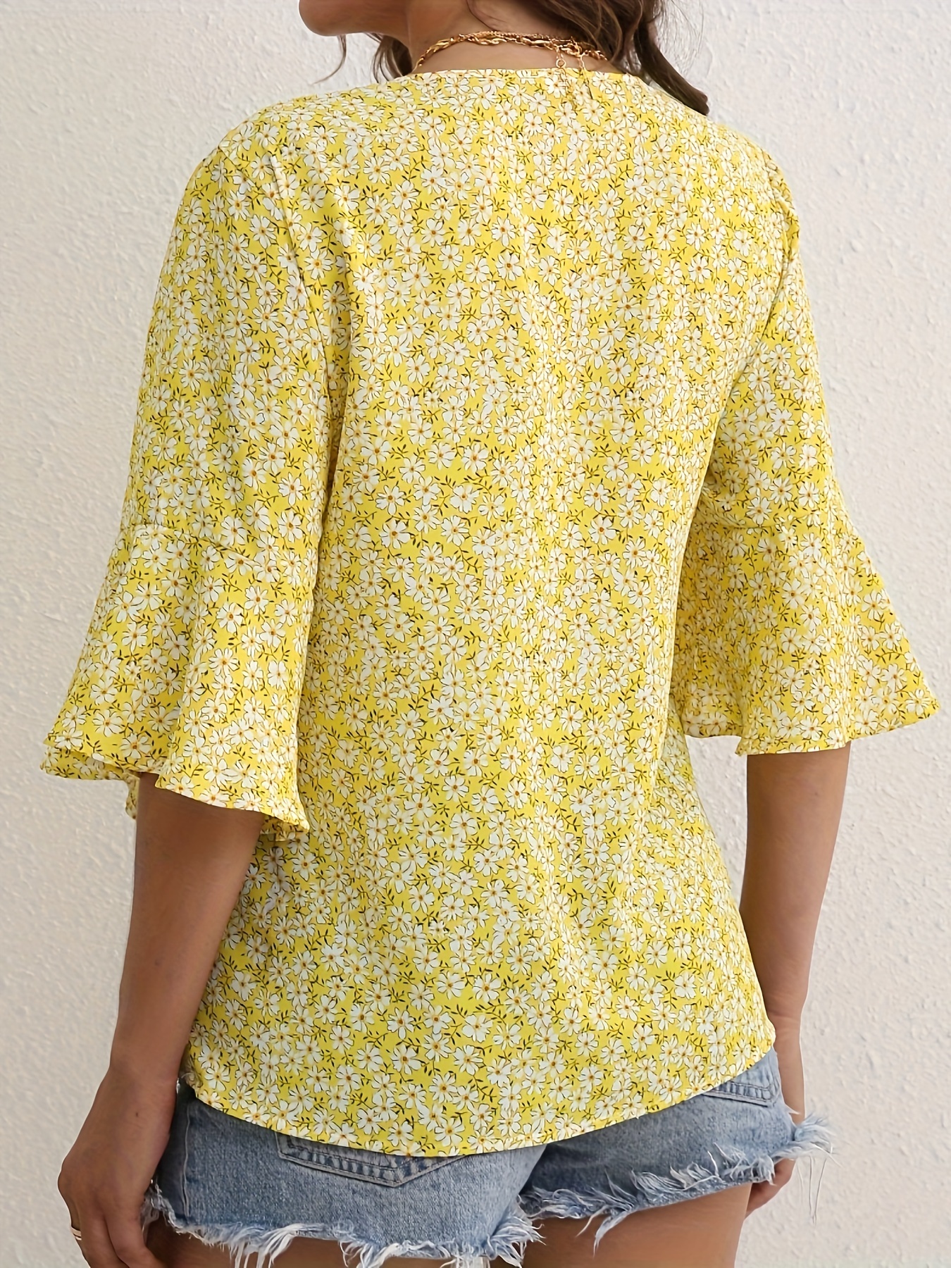 floral print v neck blouse casual ruffle sleeve blouse for spring summer womens clothing details 1
