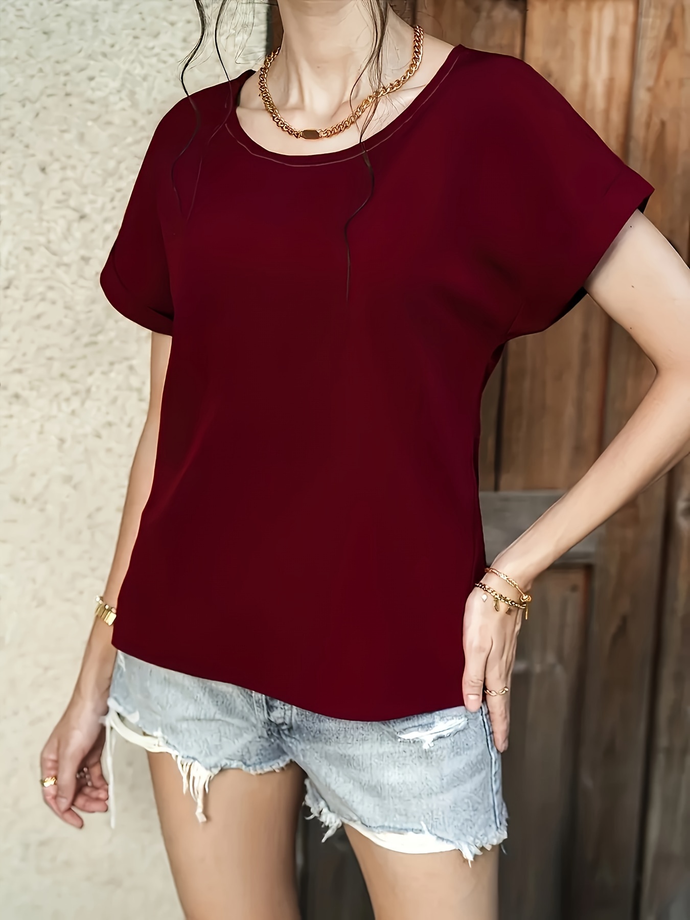 simple rolled short sleeve blouse casual crew neck solid blouse womens clothing details 22