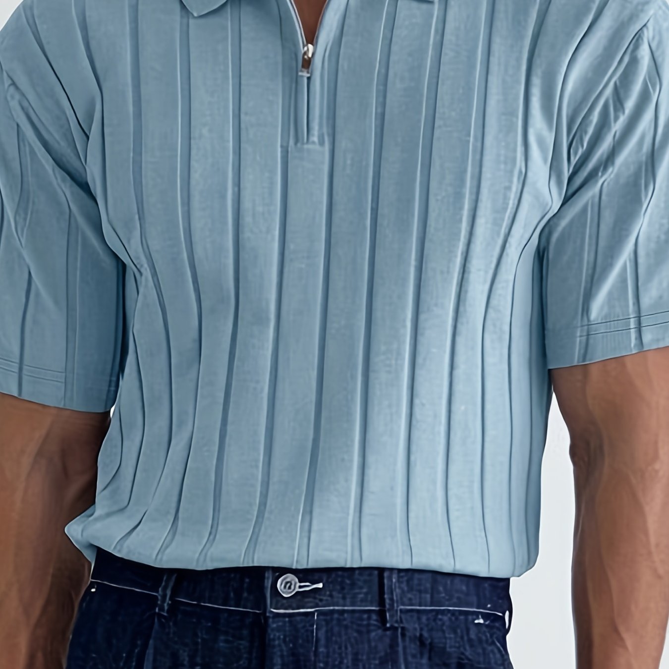 Casual Knitted Men's Ribbed Short Sleeve Comfy Zipper Lapel Shirt For Summer Outdoor