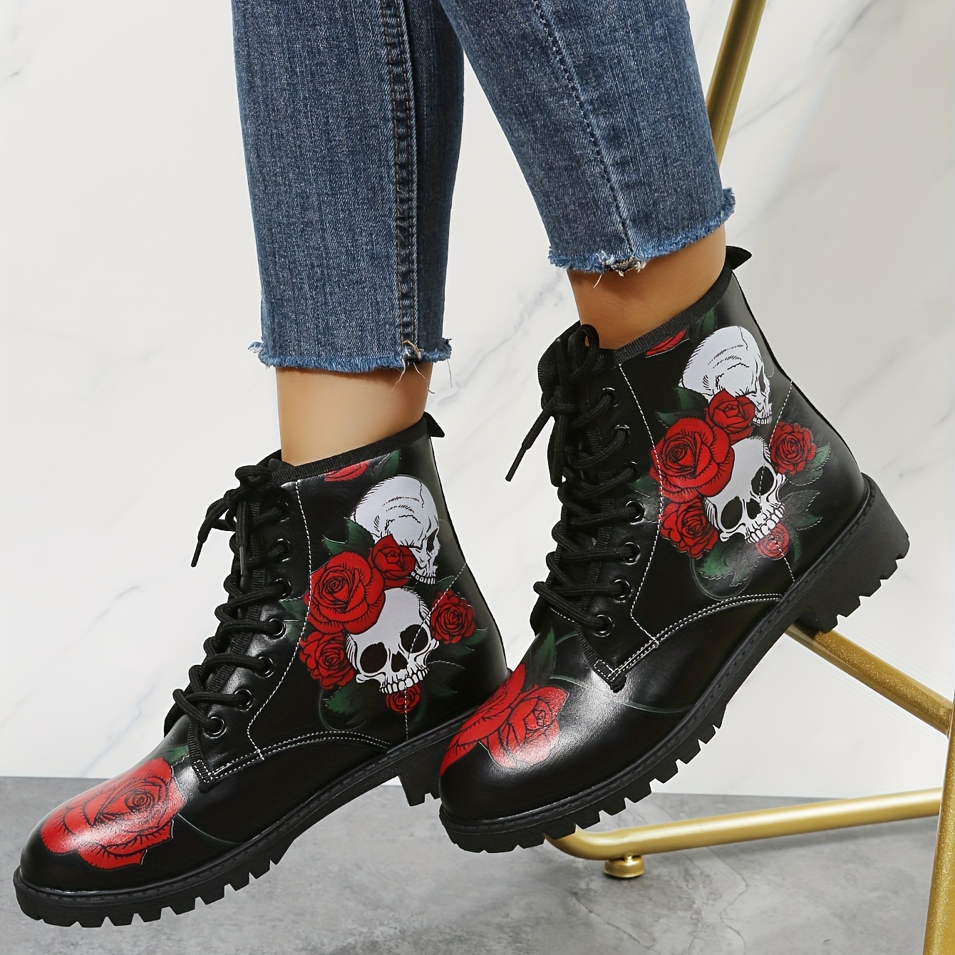 womens rose skull print short boots comfortable closed toe lace up ankle boots womens fashion halloween shoes details 0