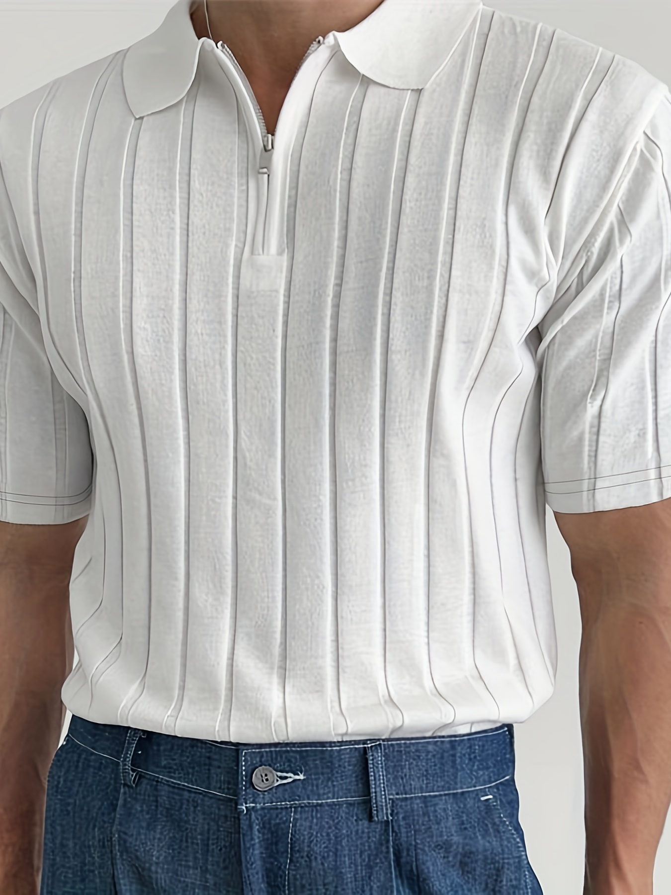 Casual Knitted Men's Ribbed Short Sleeve Comfy Zipper Lapel Shirt For Summer Outdoor