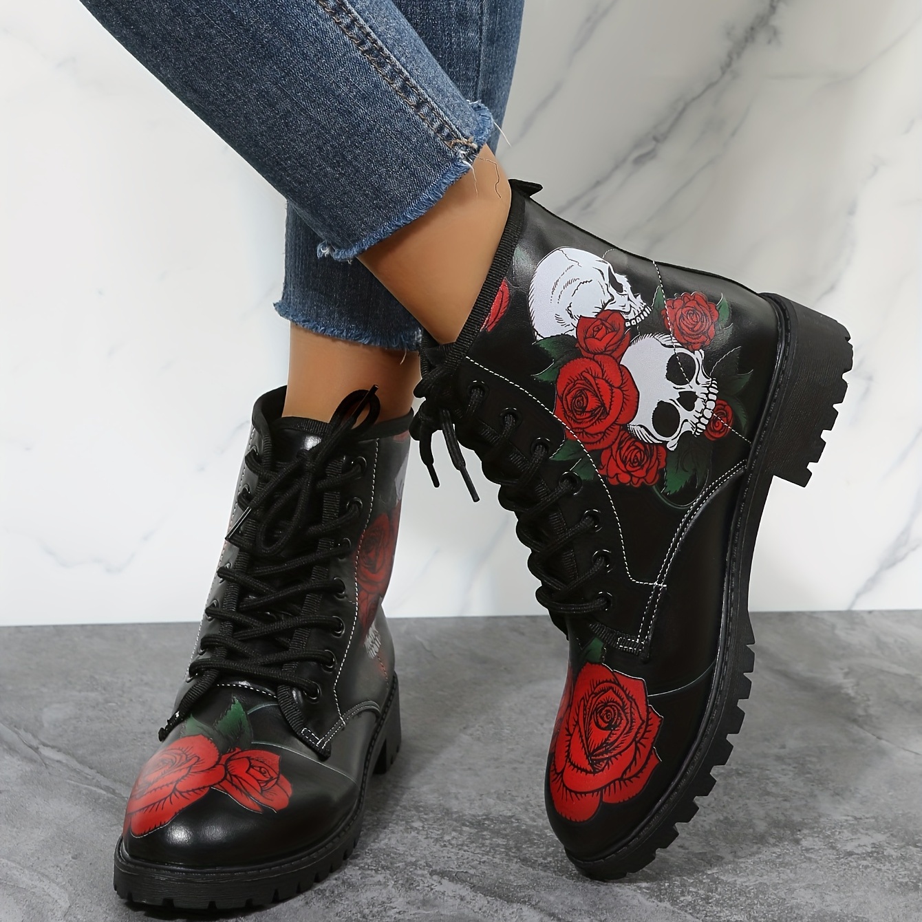womens rose skull print short boots comfortable closed toe lace up ankle boots womens fashion halloween shoes details 6