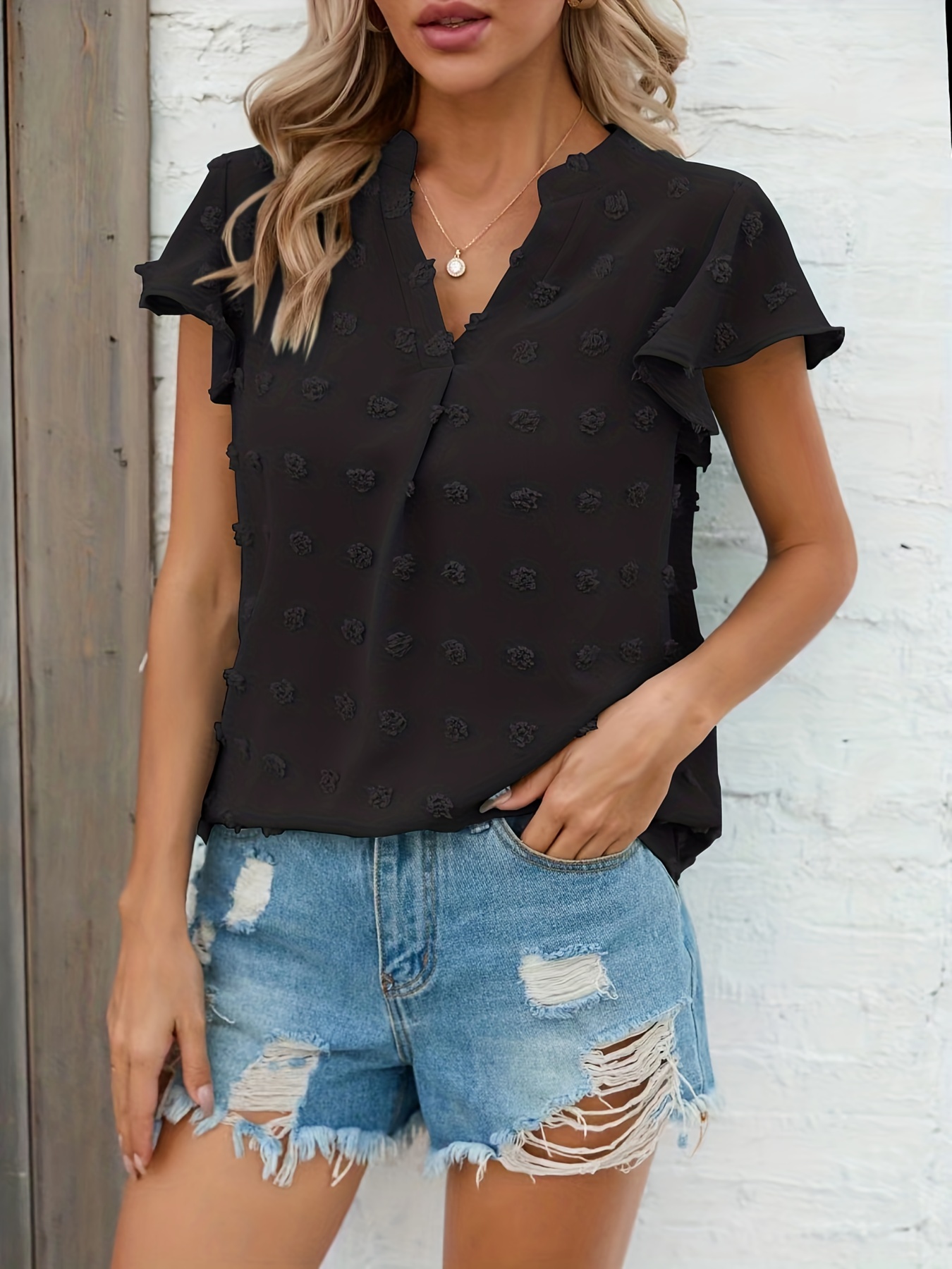 swiss dot v neck blouse casual ruffle sleeve blouse for spring summer womens clothing details 15