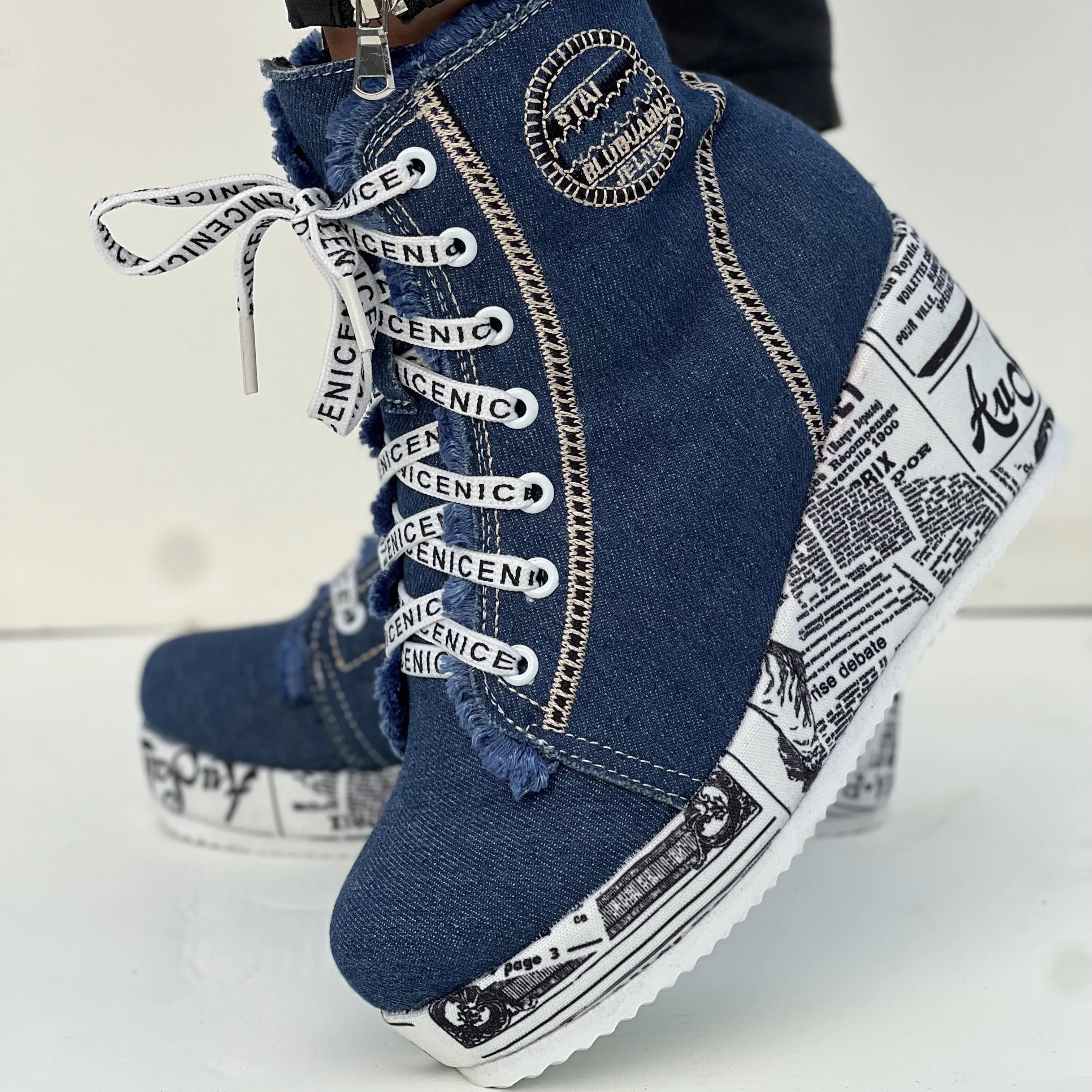 womens solid color denim boots side zipper comfy platform ankle shoes versatile round toe wedge boots details 3