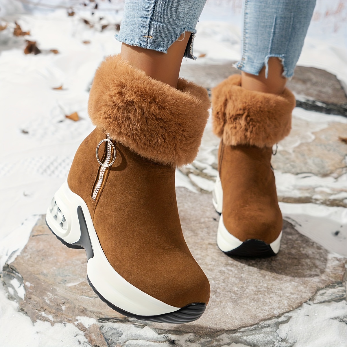 womens platform short boots comfortable side zipper ankle boots stylish plush lined boots details 7