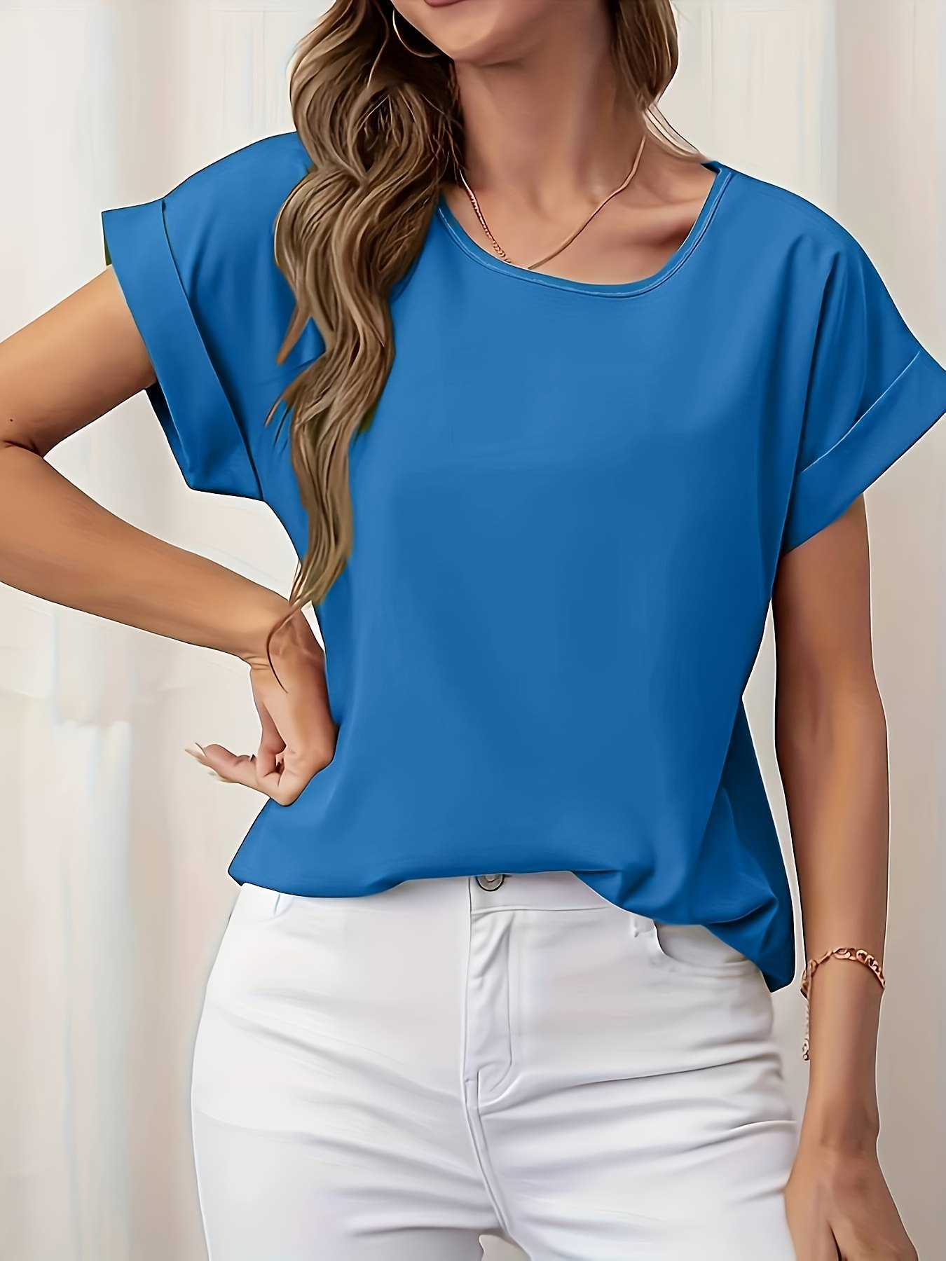 simple rolled short sleeve blouse casual crew neck solid blouse womens clothing details 15