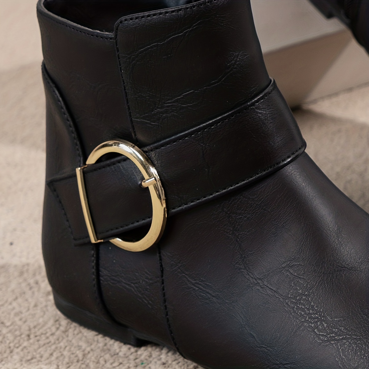 womens buckle strap detailed flat boots casual side zipper short boots comfortable faux leather boots details 6