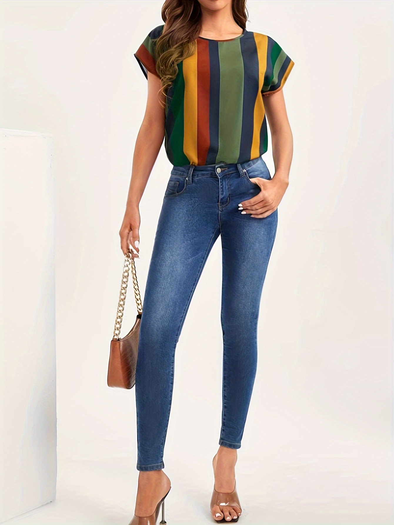 striped print crew neck blouse casual short sleeve blouse for spring summer womens clothing details 4