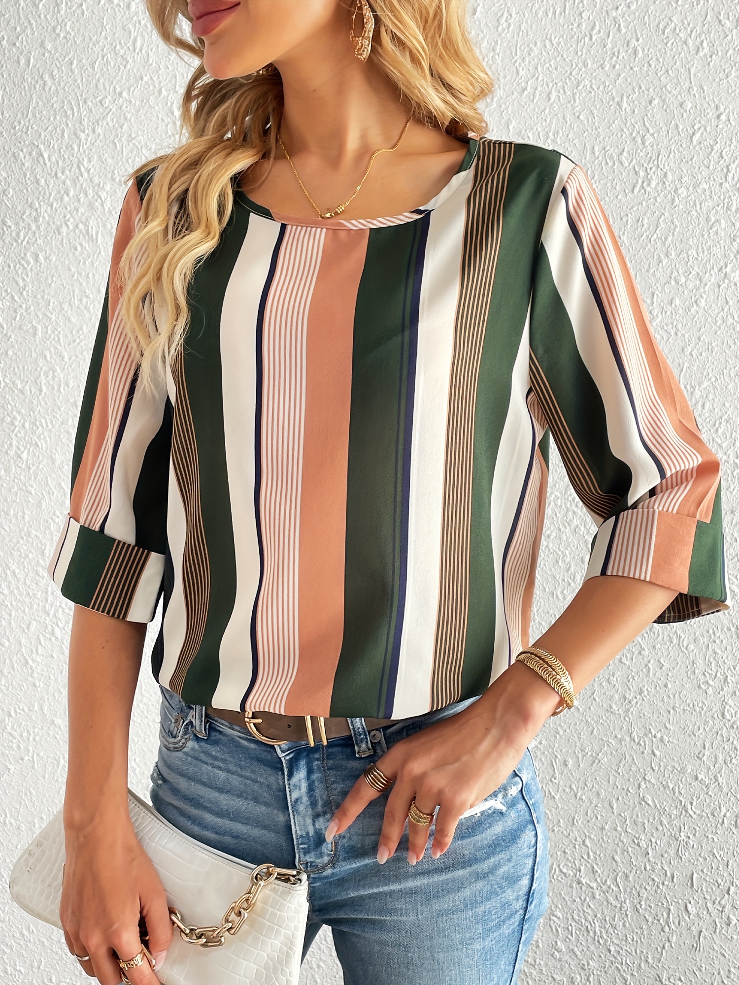 striped print 3 4 sleeve blouse casual crew neck versatile blouse womens clothing details 3