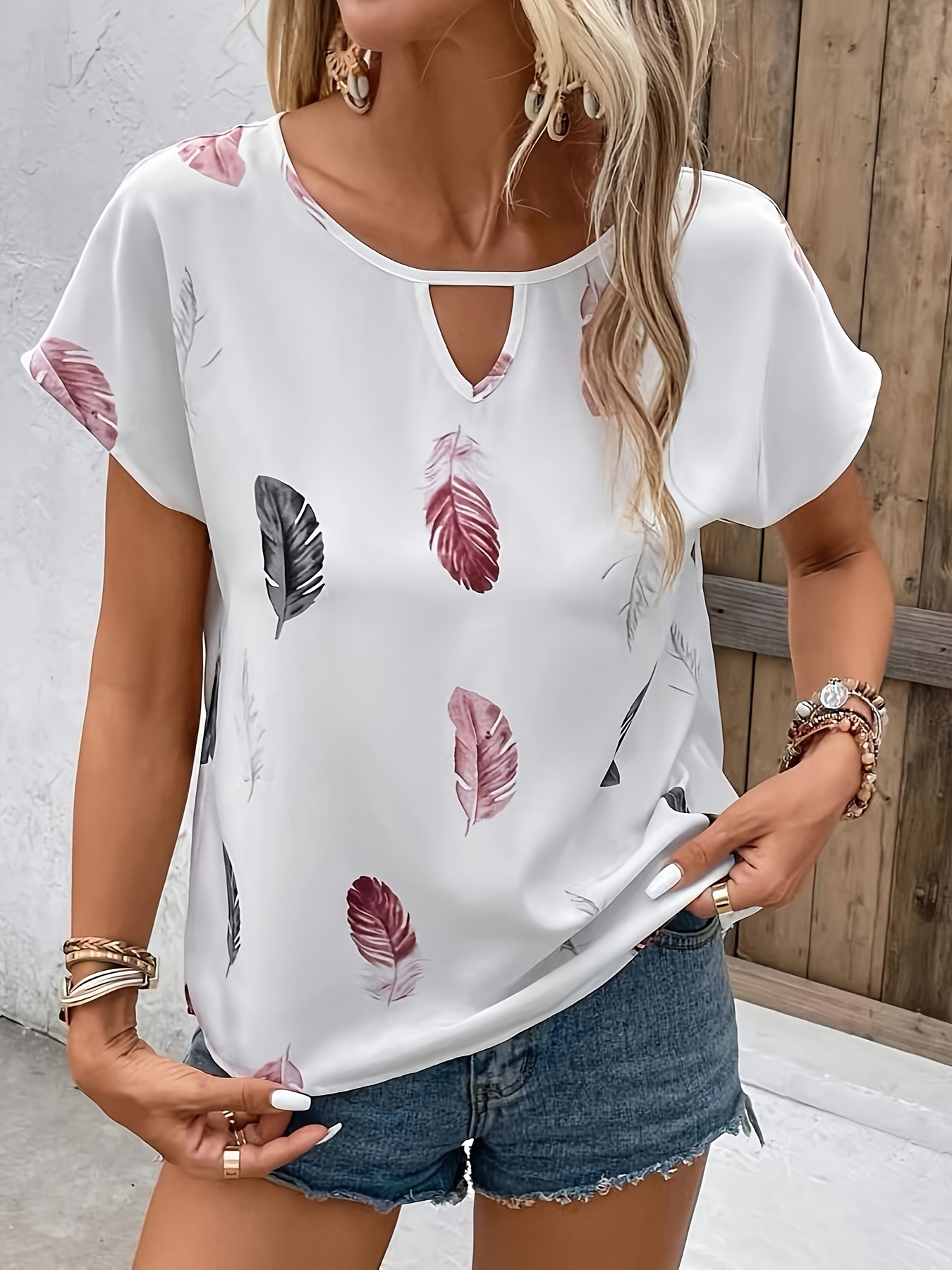 feather print crew neck blouse casual short sleeve blouse for spring summer womens clothing details 6