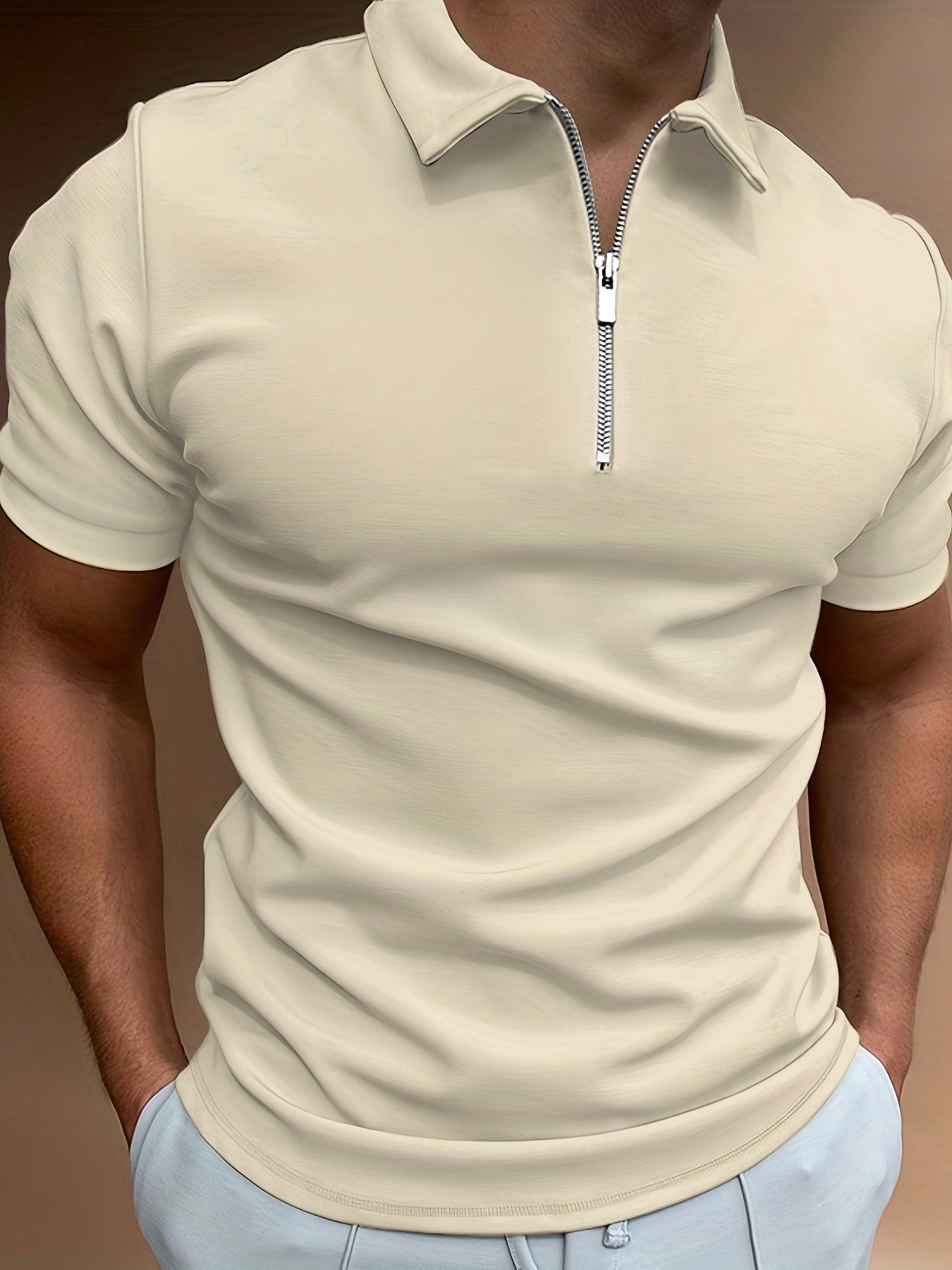 solid color mens casual short sleeves zipper shirts lapel collar tops pullovers mens clothing for summer details 48