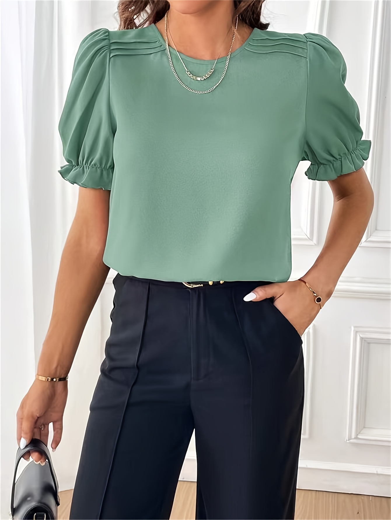 solid crew neck blouse elegant puf sleeve top for spring summer womens clothing details 13