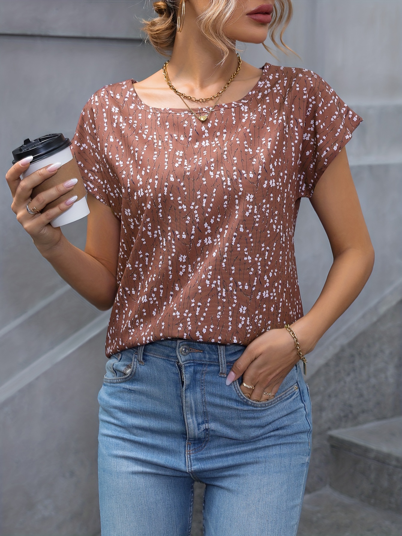 ditsy floral print blouse elegant crew neck short sleeve blouse womens clothing details 2