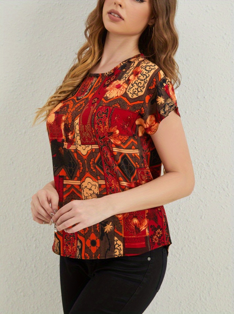 floral print blouse casual crew neck short sleeve ethnic blouse womens clothing details 2