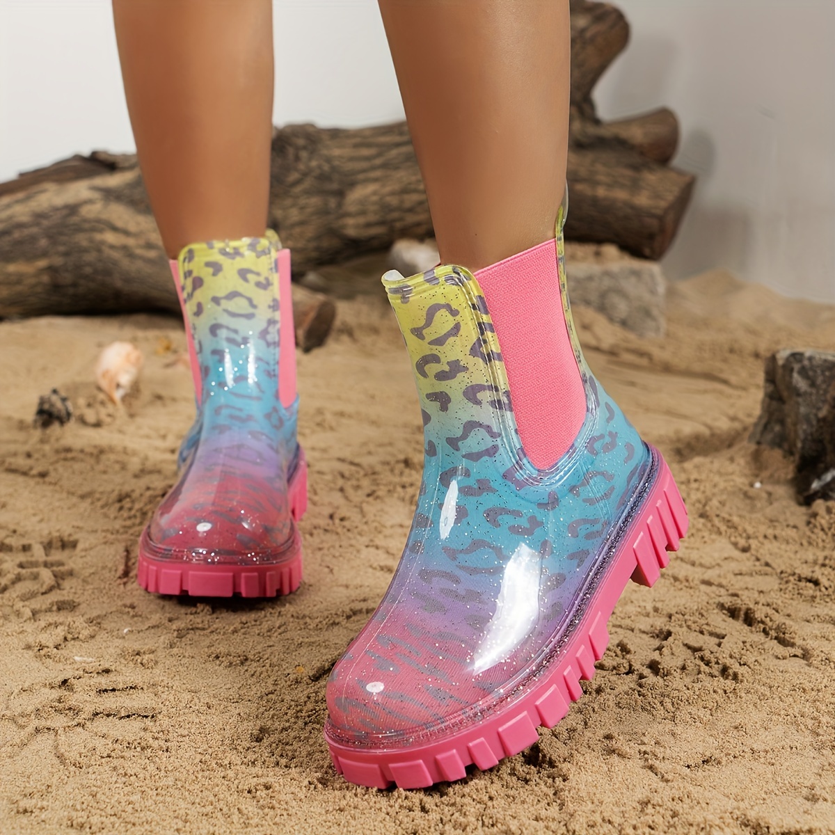 carnaval womens chunky heel rain boots fashion slip on combat boots comfortable stretch fabric sided boots details 4