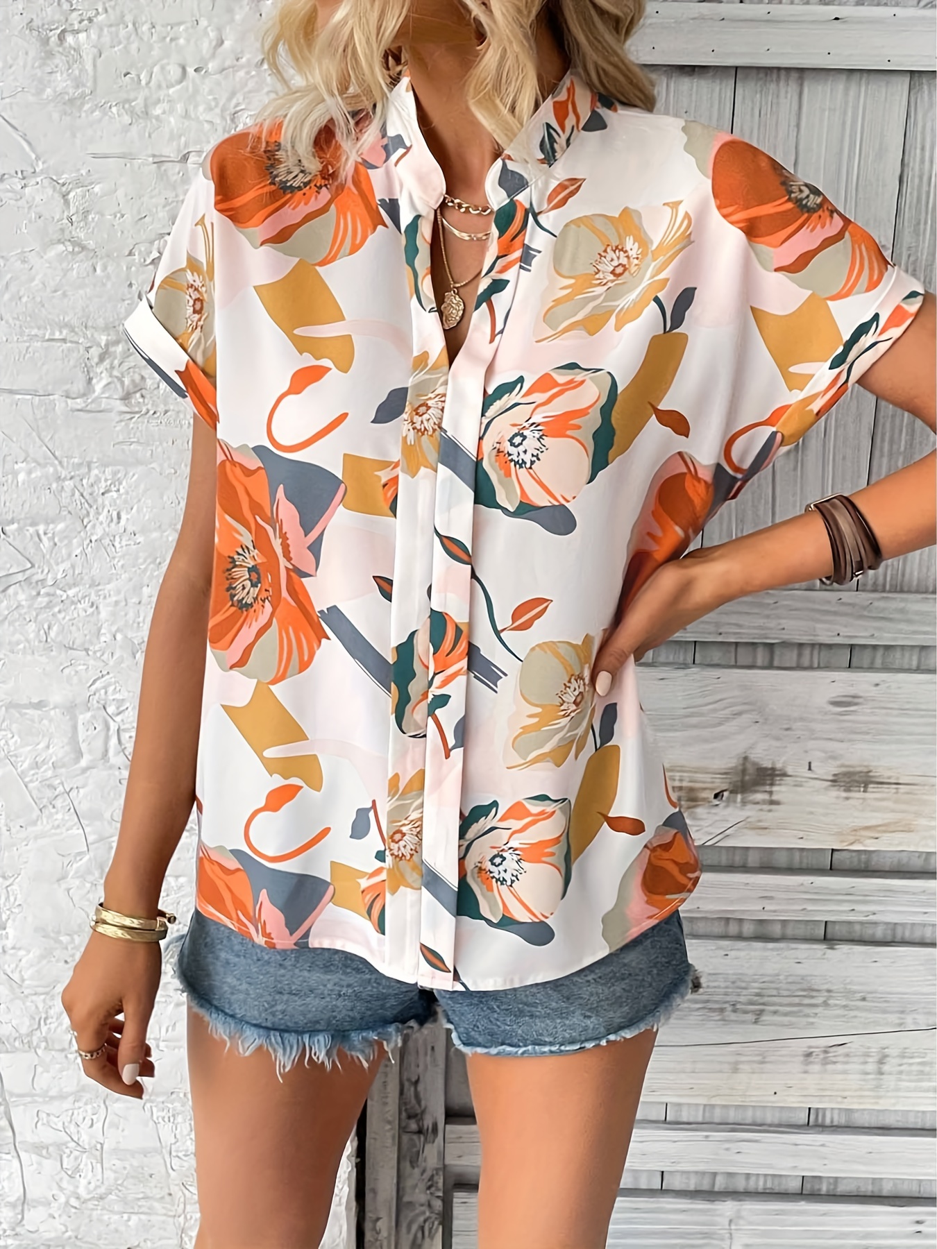 floral print v neck blouse casual batwing sleeve blouse for spring summer womens clothing details 4