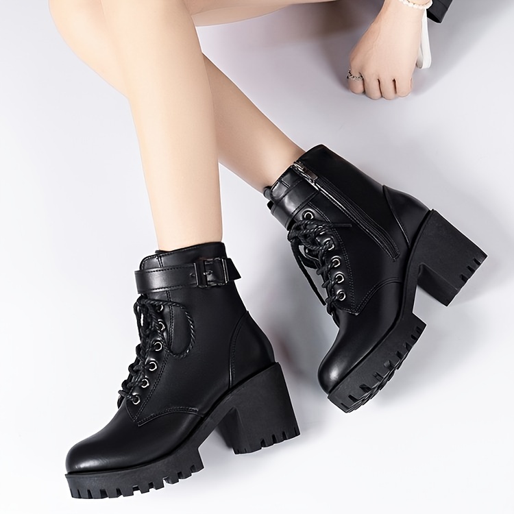womens solid color platform boots side zipper chunky heel soft sole ankle boots winter buckle belt lace up boots details 4