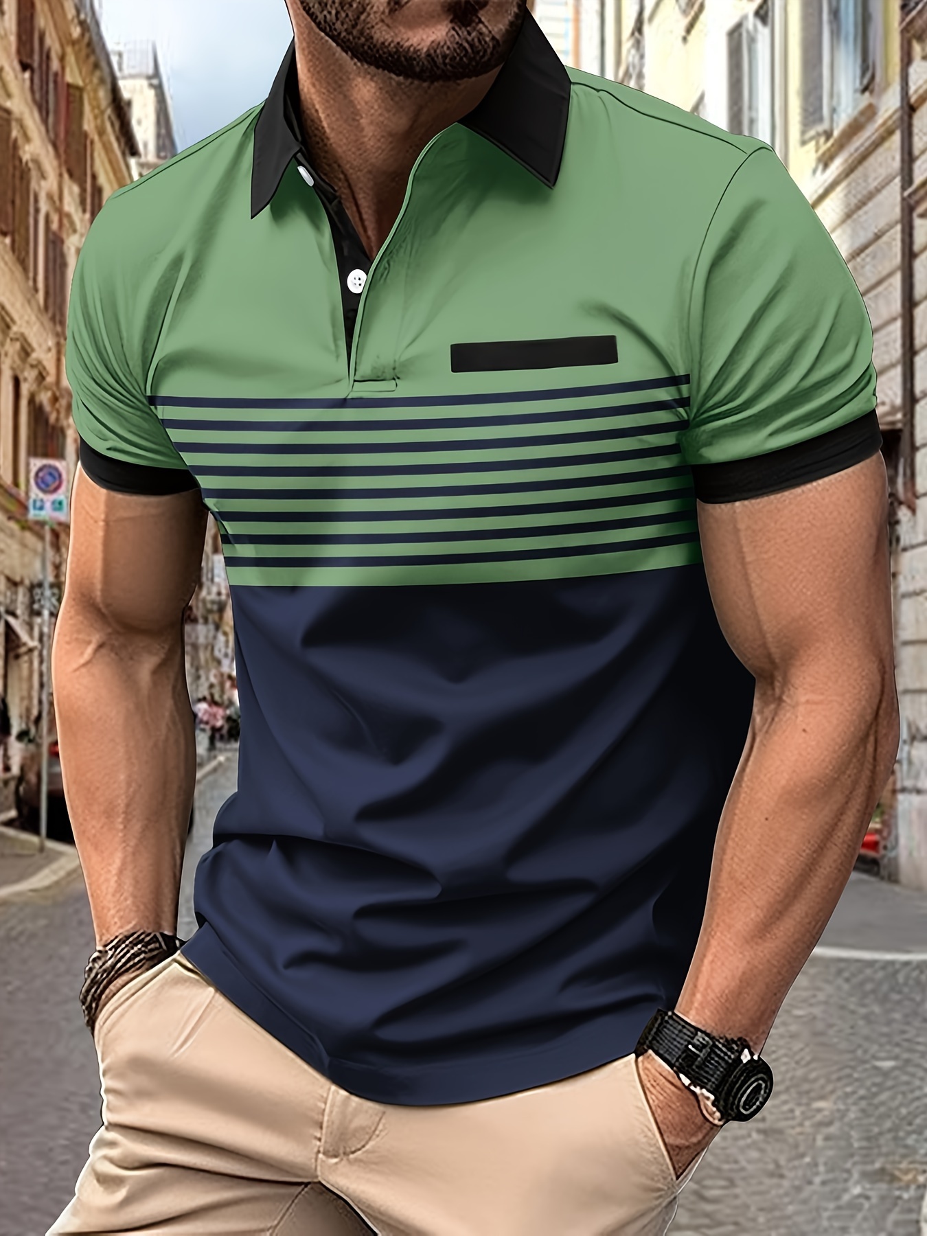 lapel shirt, striped mens casual color block short sleeve lapel shirt with chest pocket for summer golf details 40