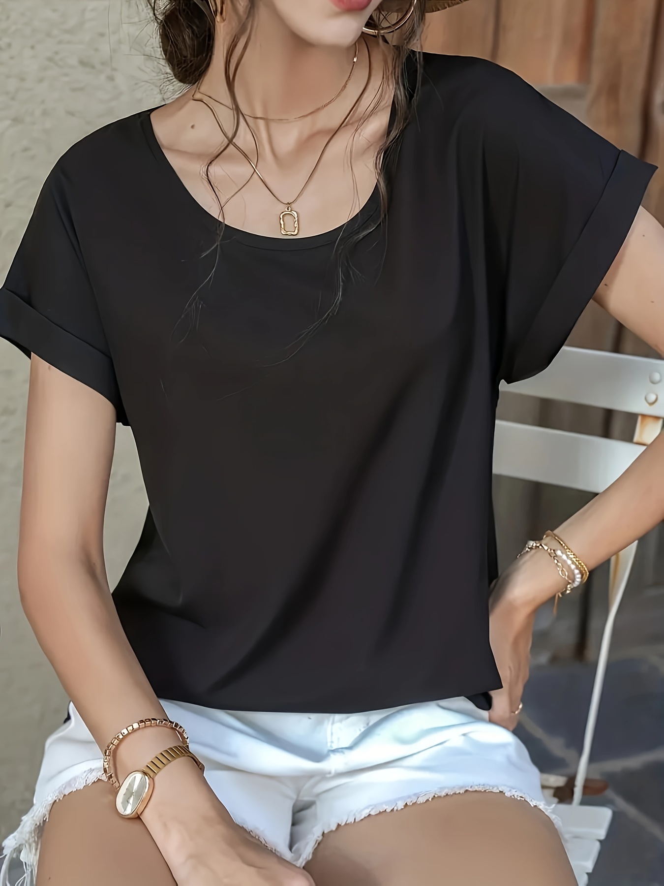 simple rolled short sleeve blouse casual crew neck solid blouse womens clothing details 14