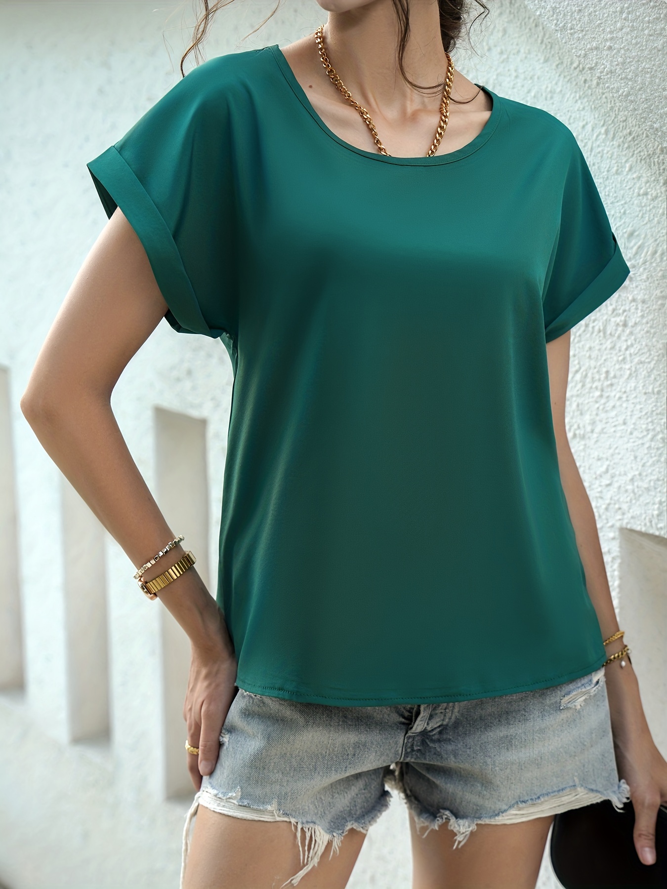 solid crew neck t shirt casual short sleeve t shirt for spring summer womens clothing details 14