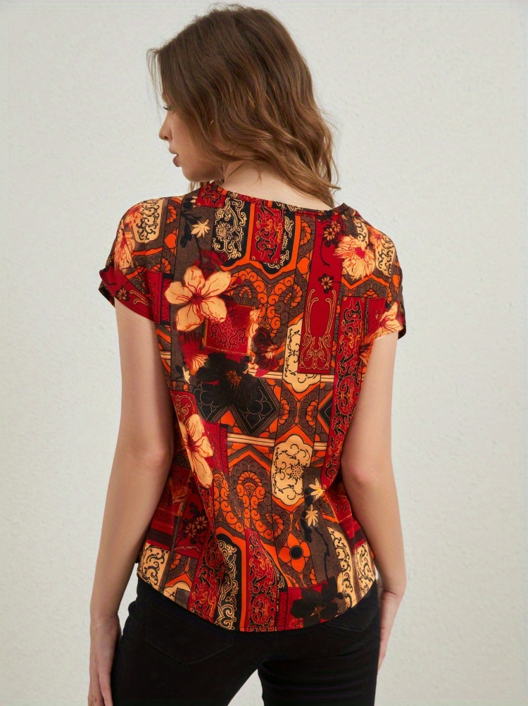 floral print blouse casual crew neck short sleeve ethnic blouse womens clothing details 1