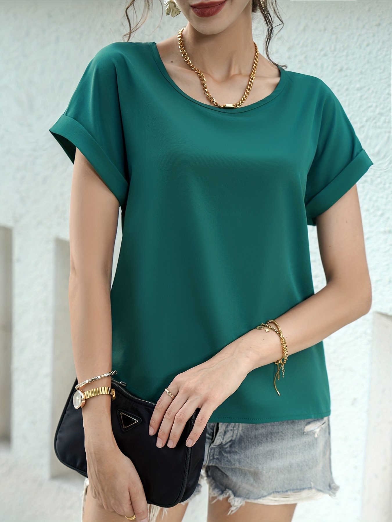 solid crew neck t shirt casual short sleeve t shirt for spring summer womens clothing details 10