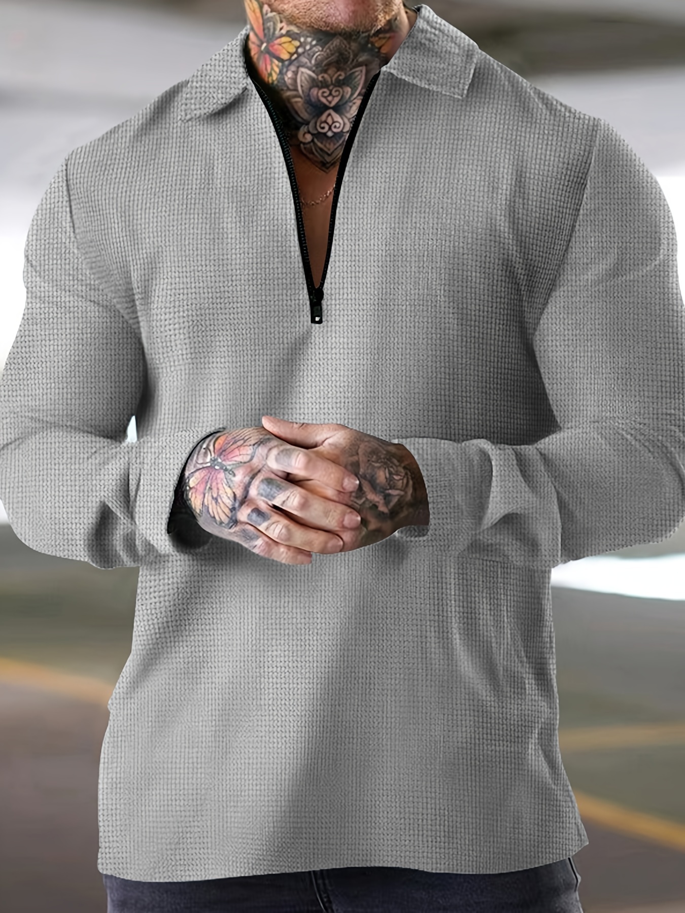 waffle print mens casual long sleeve zipper lapel shirt for spring fall details 0