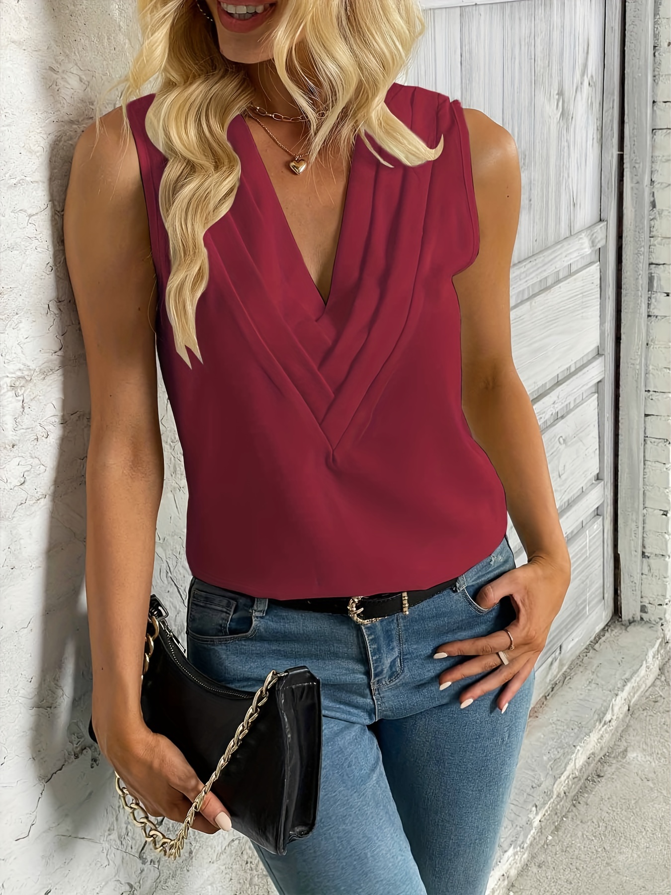 ruched v neck blouse casual sleeveless solid versatile blouse womens clothing details 15