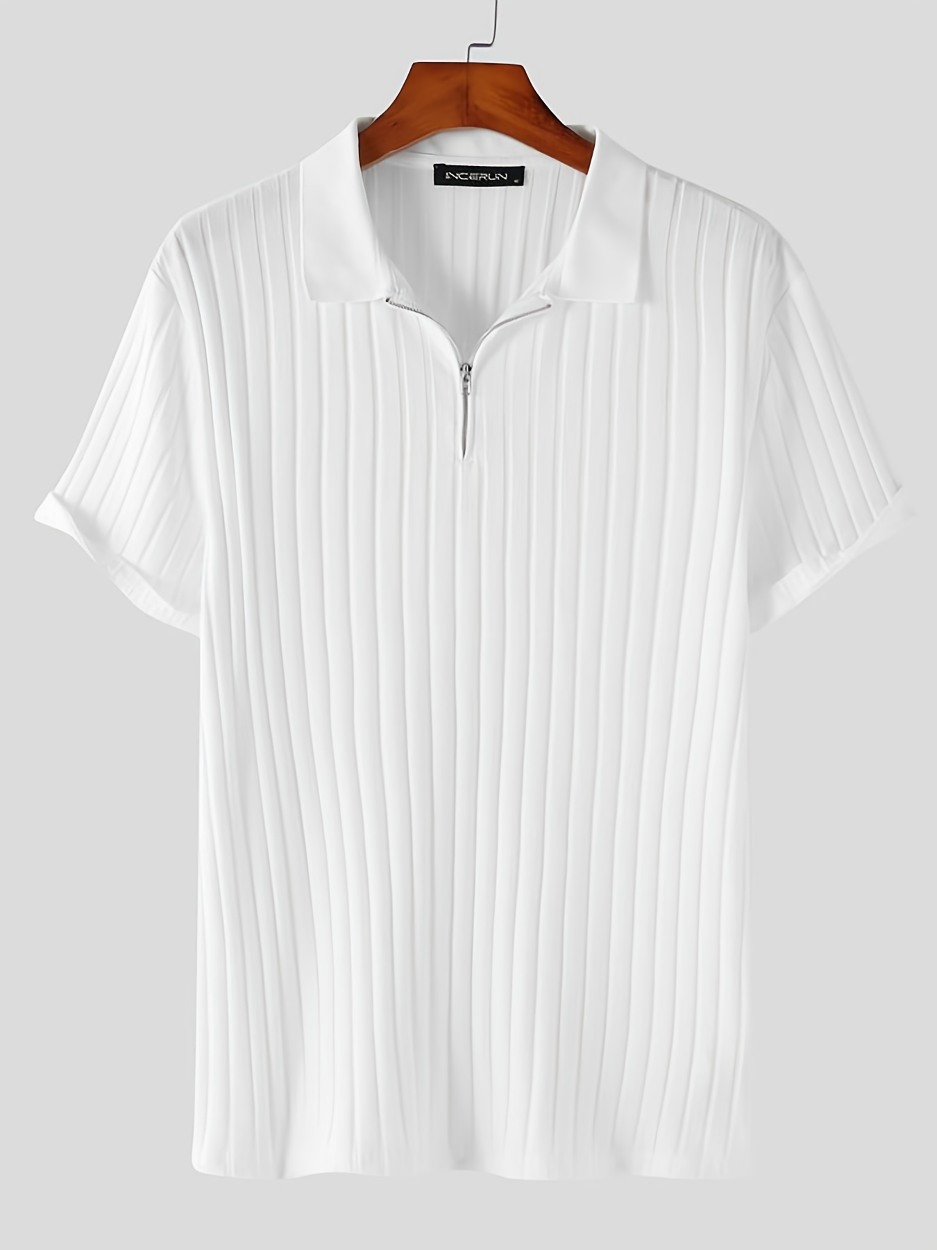 Casual Knitted Men's Ribbed Short Sleeve Comfy Zipper Lapel Shirt For Summer Outdoor