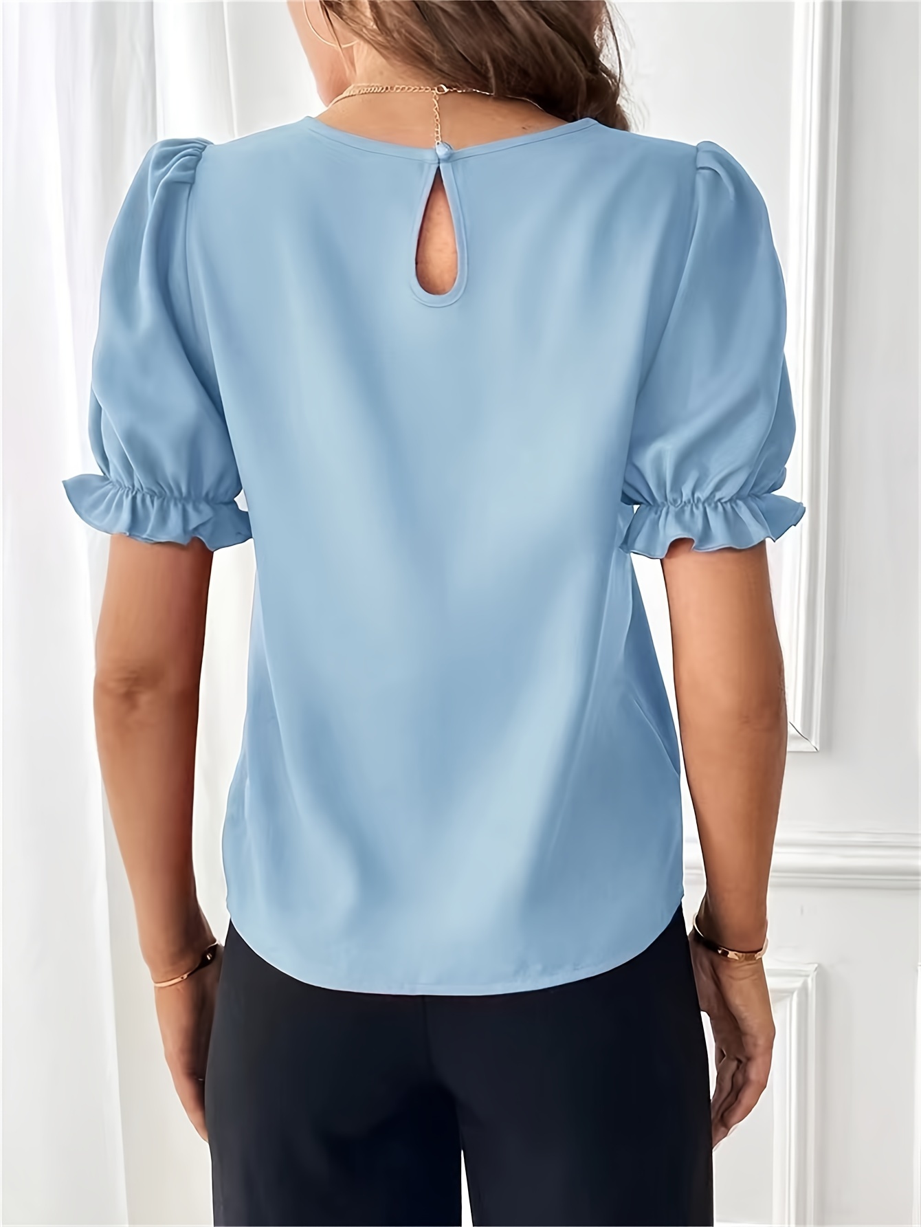 solid crew neck blouse elegant puf sleeve top for spring summer womens clothing details 3