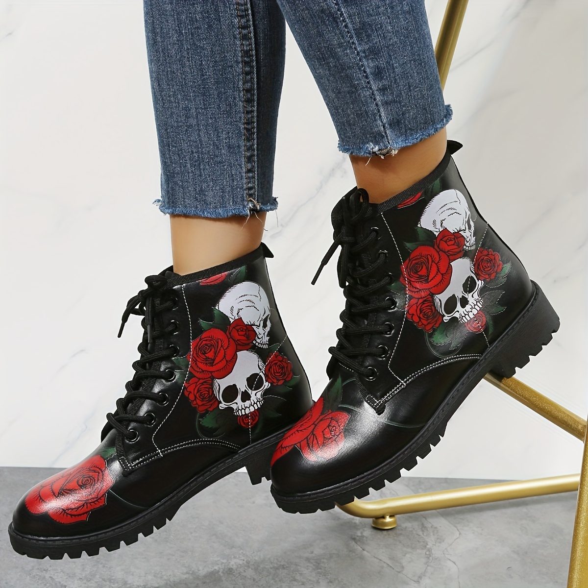womens rose skull print short boots comfortable closed toe lace up ankle boots womens fashion halloween shoes details 7