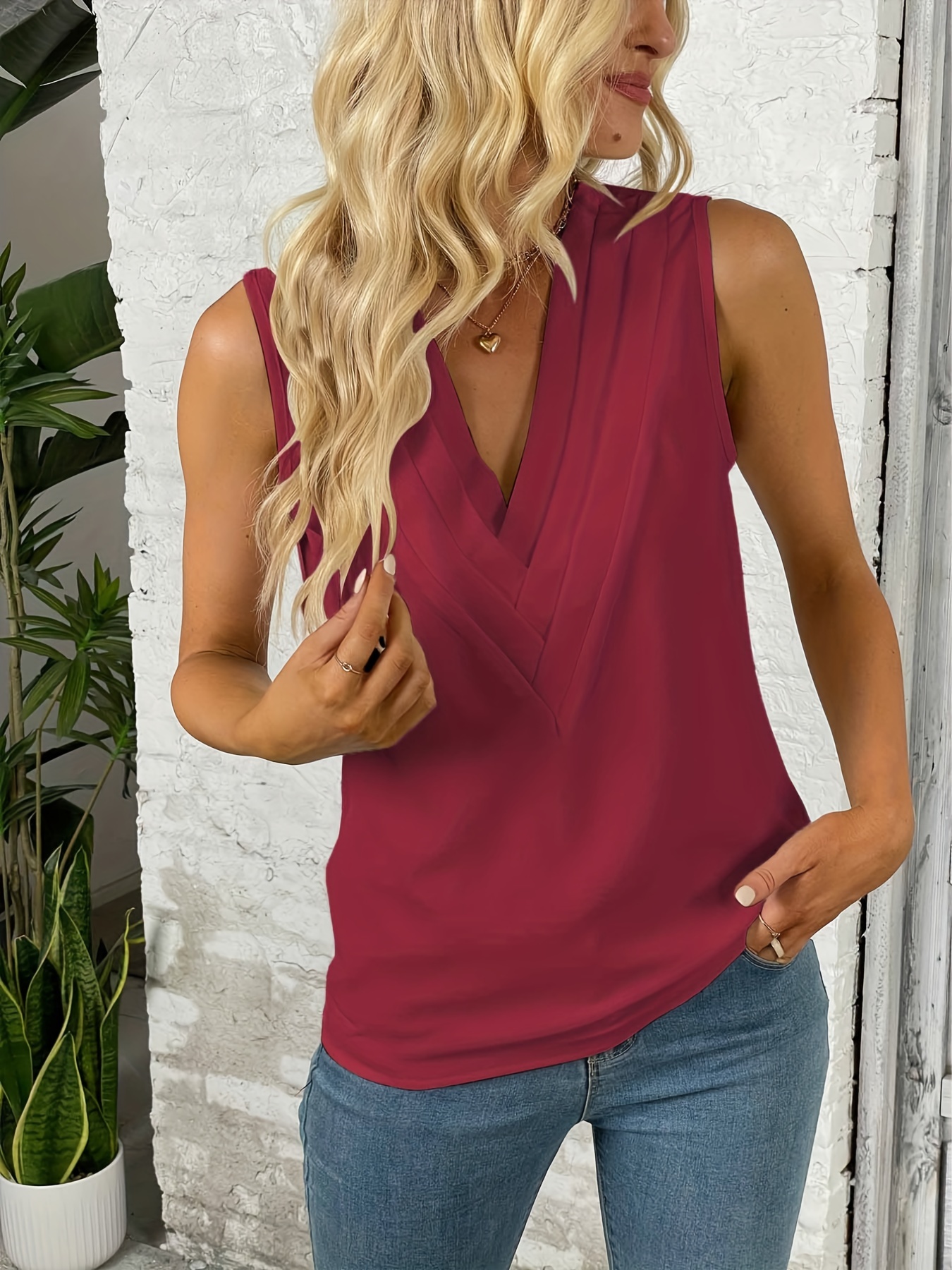 ruched v neck blouse casual sleeveless solid versatile blouse womens clothing details 12