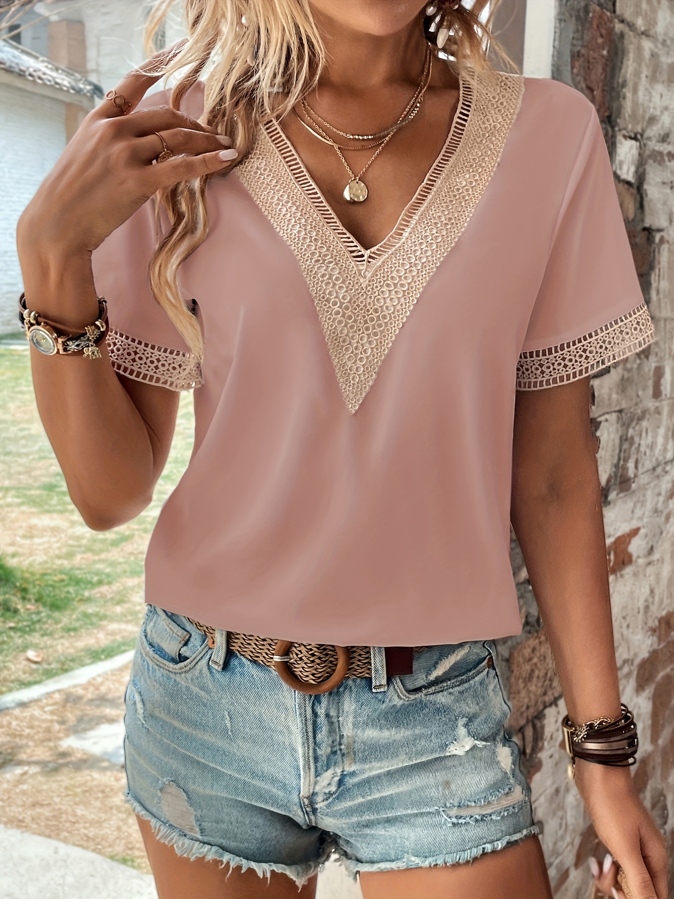 lace stitching deep v neck blouses casual loose short sleeve fashion shirts tops womens clothing details 3
