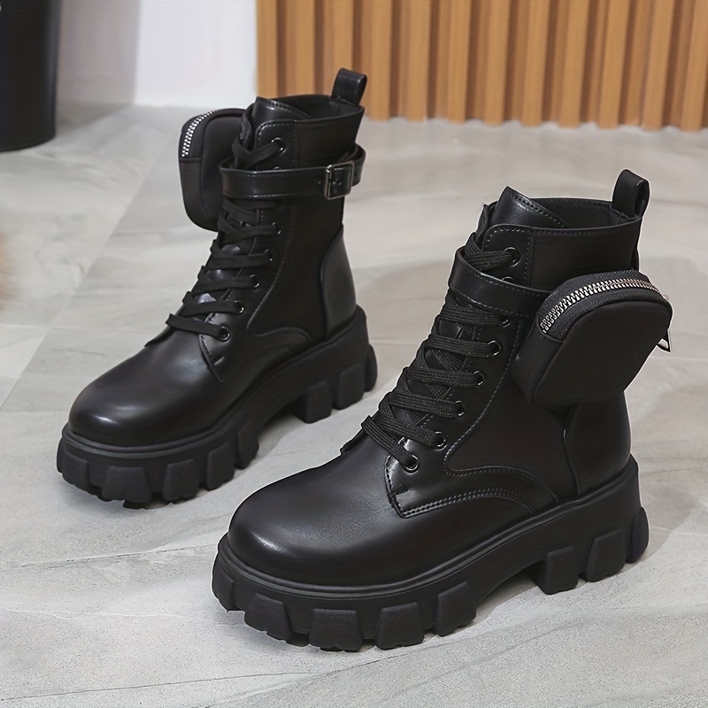 womens ankle combat boots with pouch fashion lace up outdoor short boots versatile non slip boots details 4