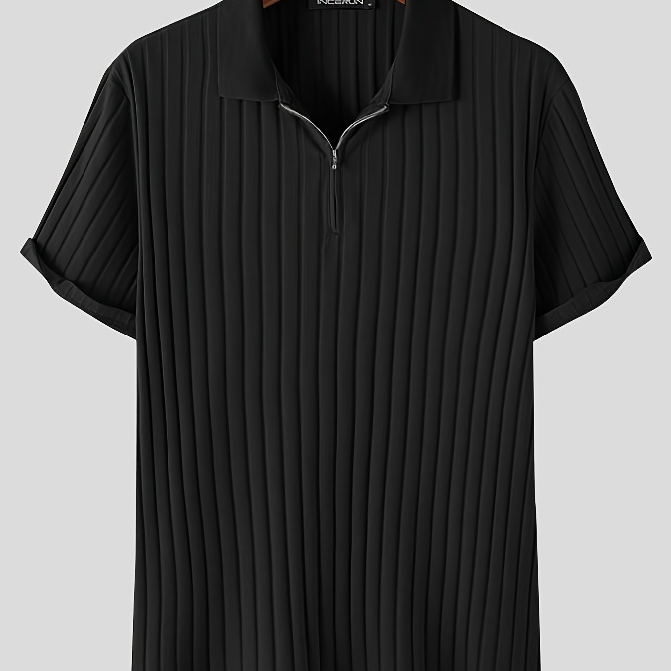 Casual Knitted Men's Ribbed Short Sleeve Comfy Zipper Lapel Shirt For Summer Outdoor