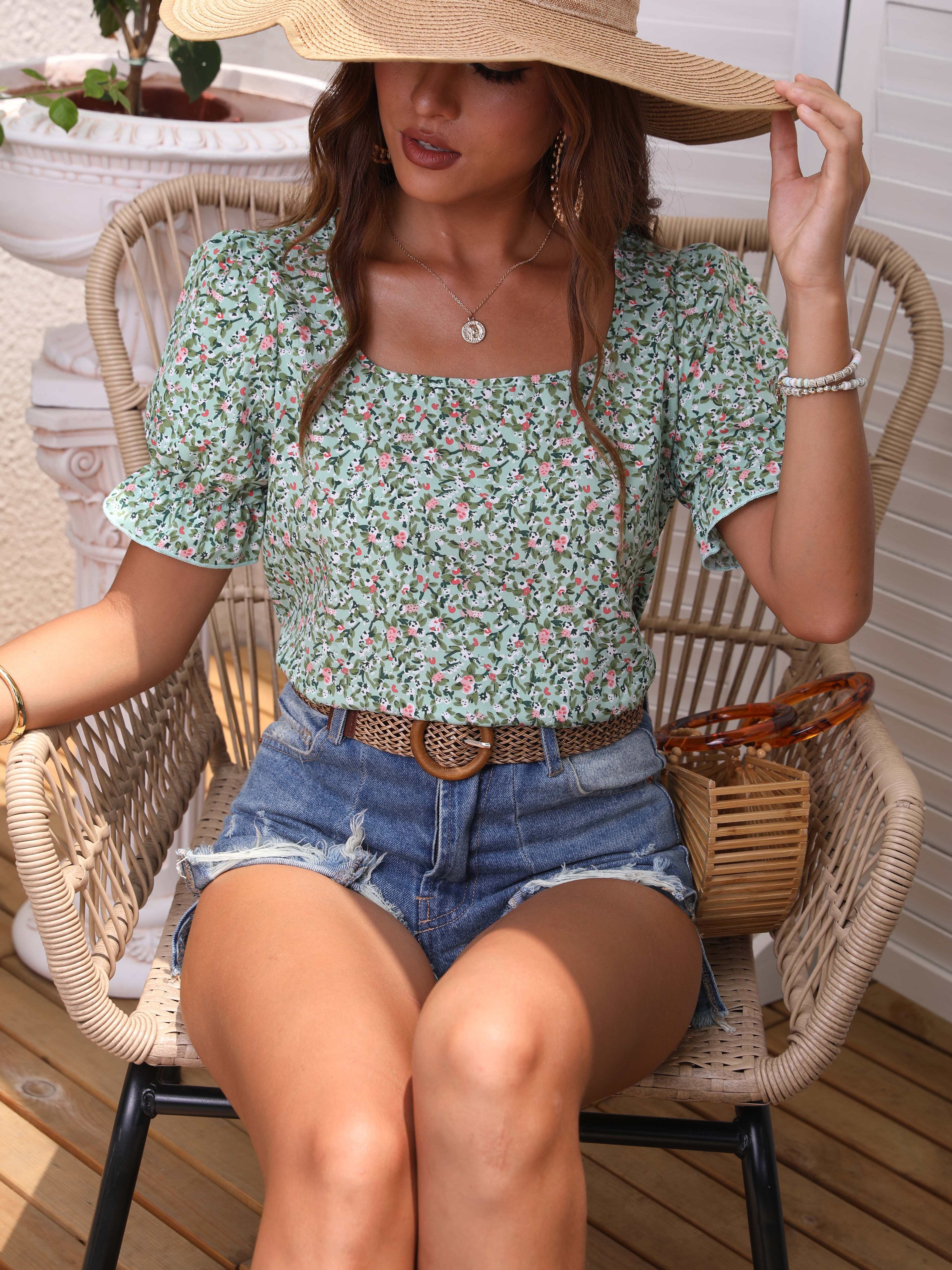 floral print puff sleeve blouse casual squared neck summer blouse womens clothing details 0